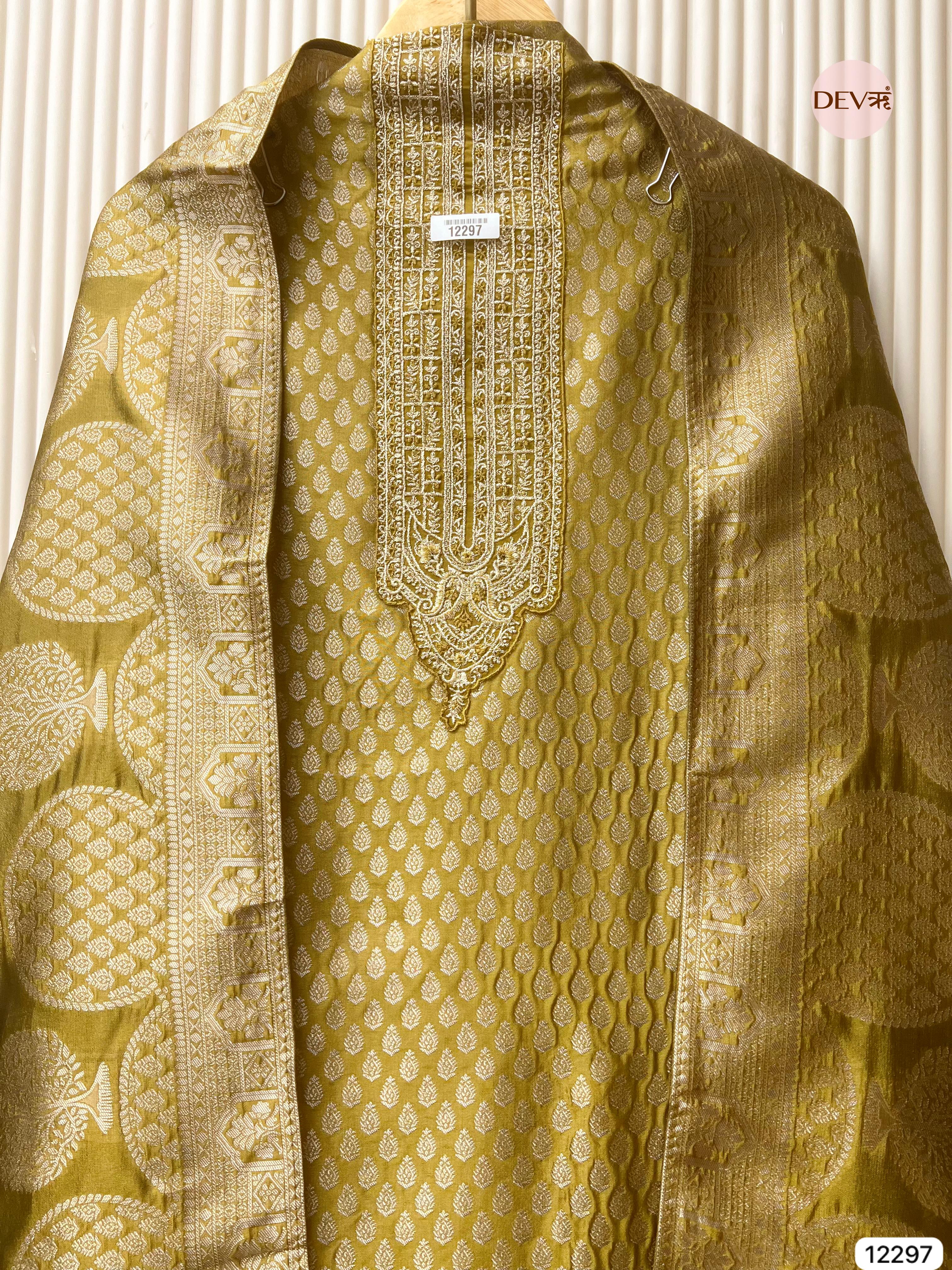 Olive Gold Pure Banarasi Silk Woven Unstitched 3-Piece Suit (Devri – D.No 12297)