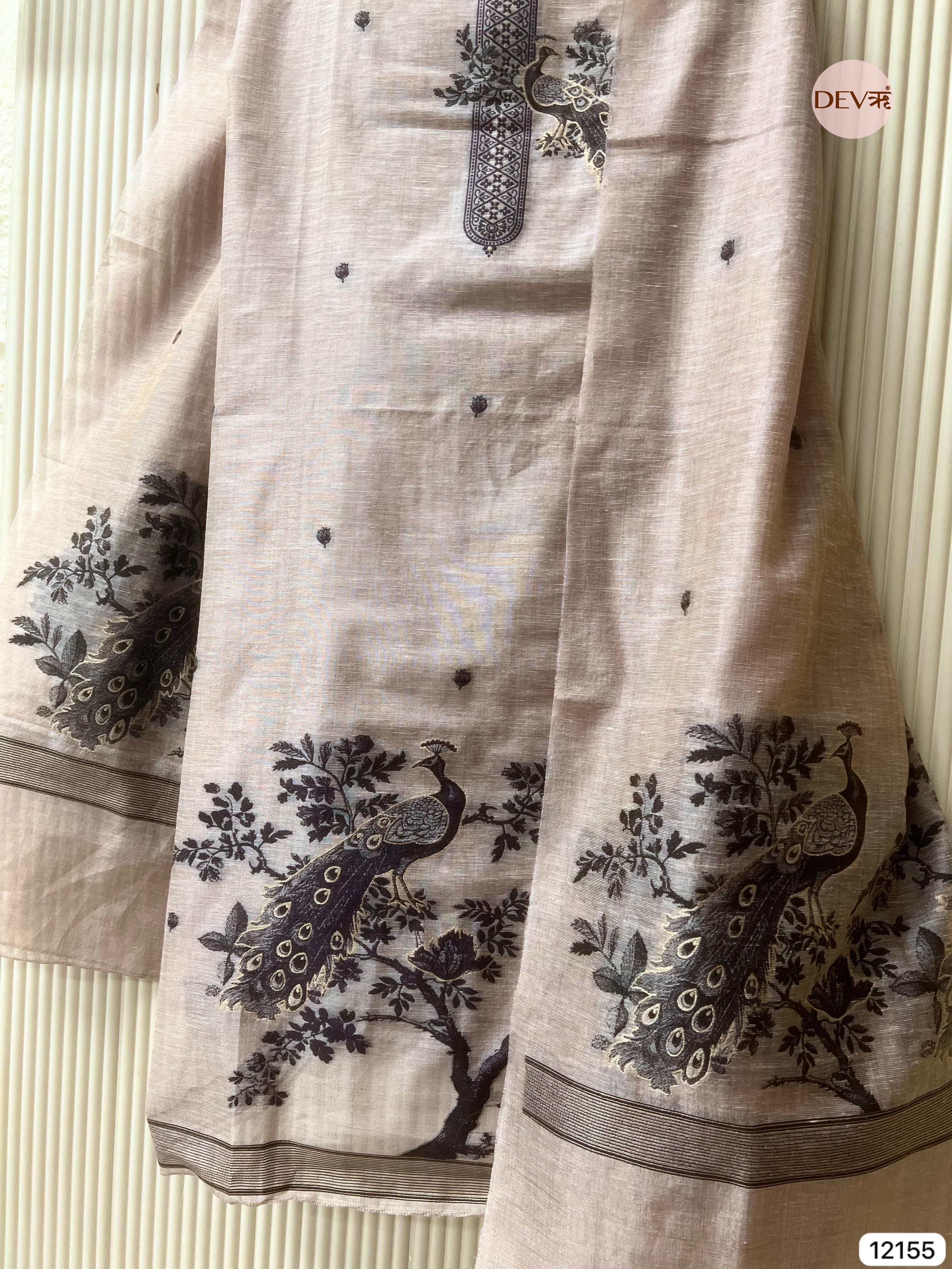 Light Brown Pure Jamdani Linen Unstitched-Set Of 3 - {12155}