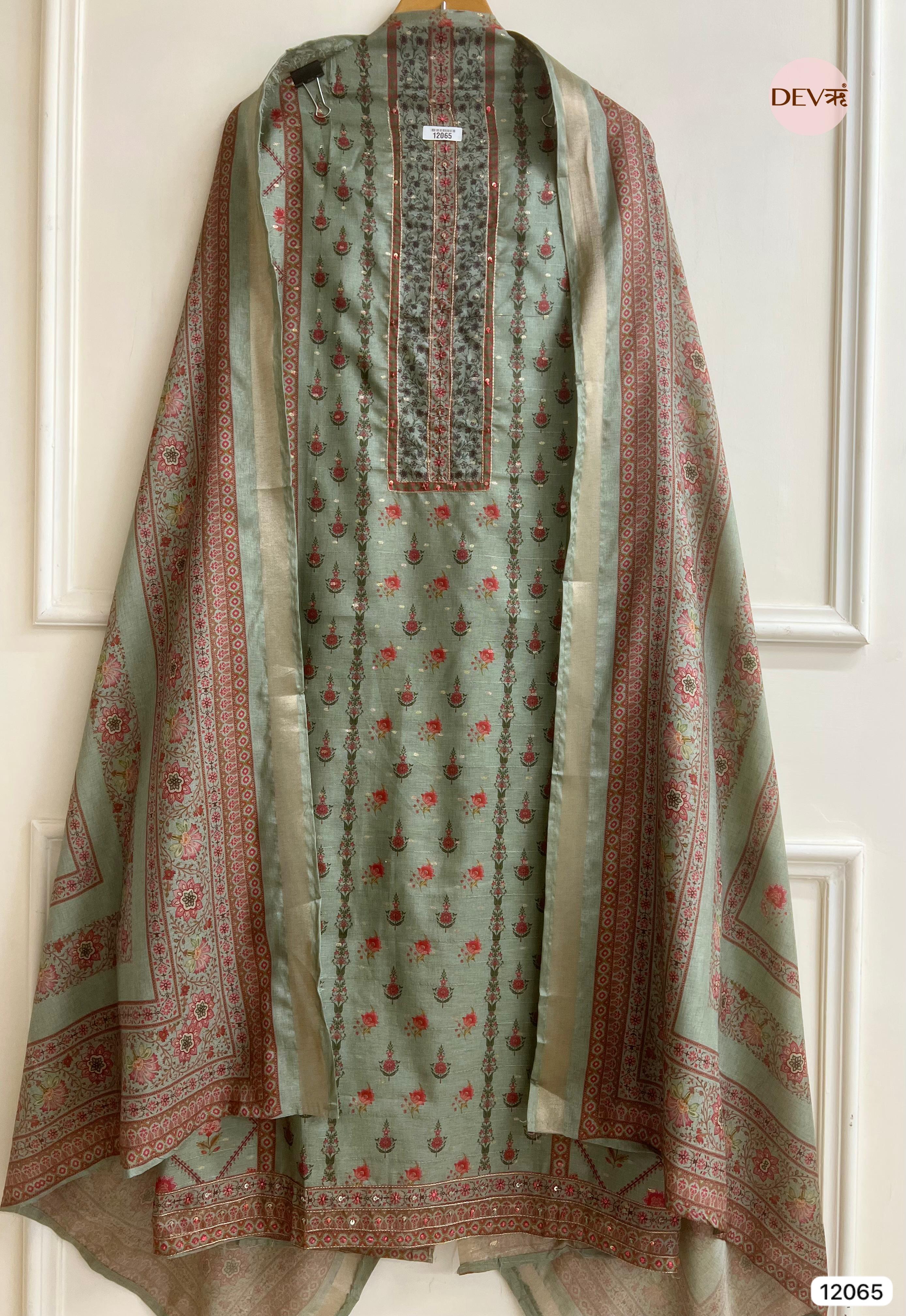Green Raw Handloom Silk Unstitched Designer Printed With Hand Embroidery -Set Of 3 - {12065}