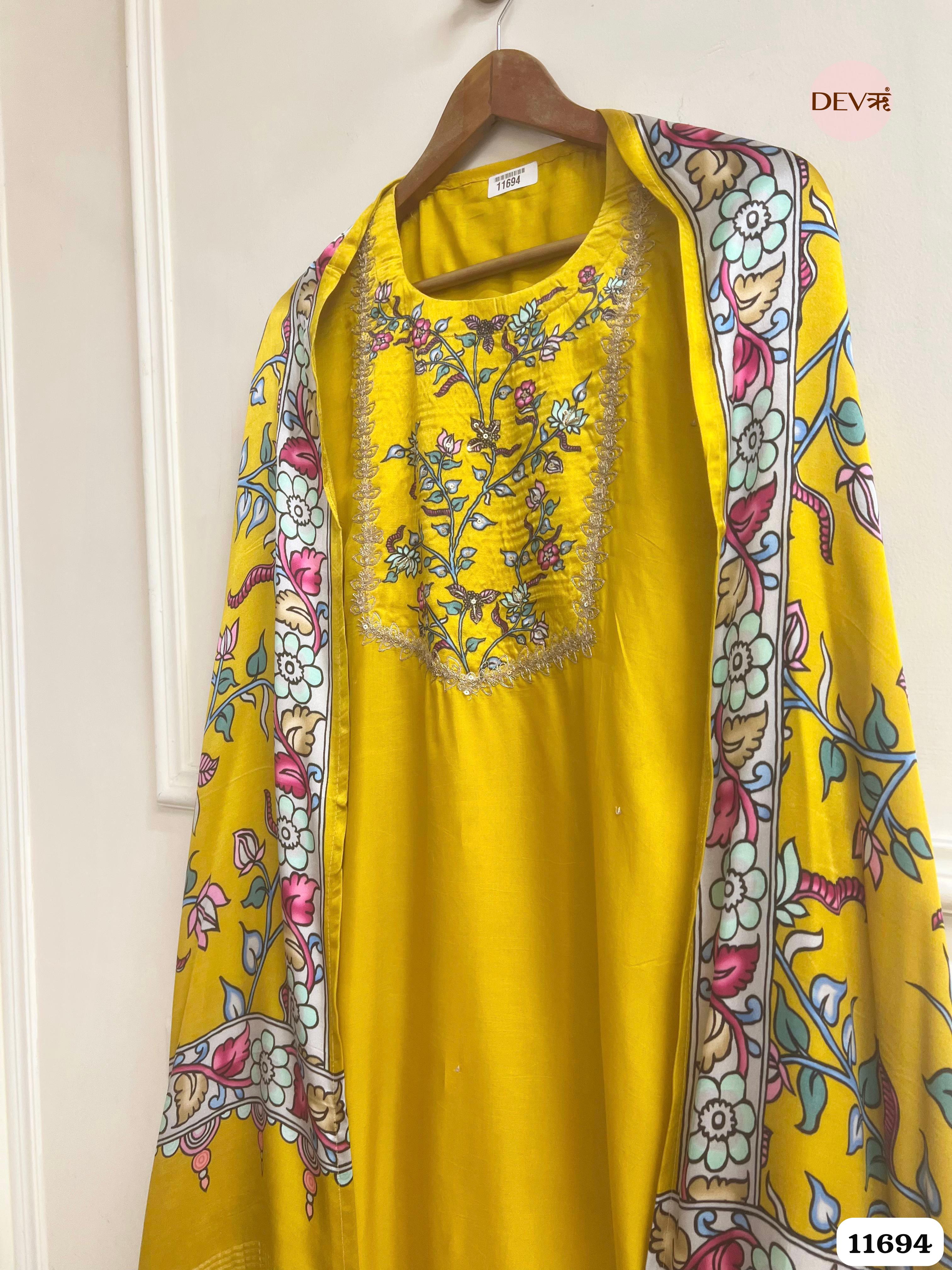 Yellow Russian Silk Unstitched Embroidered -Set Of 3 {11694}