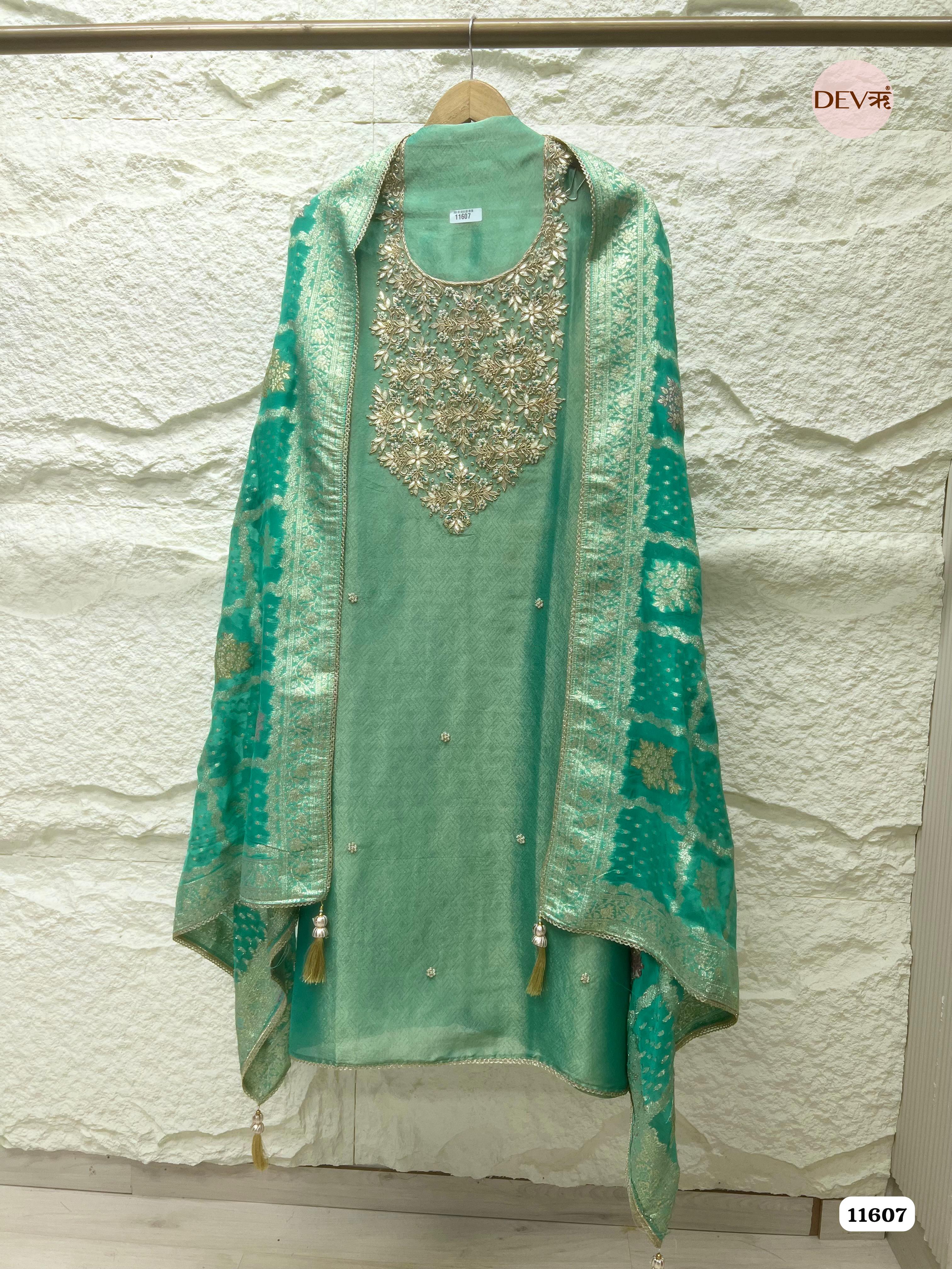 Green Pure Tissue Banarasi Silk Unstitched Hand Embroidered -Set Of 3 {11607}