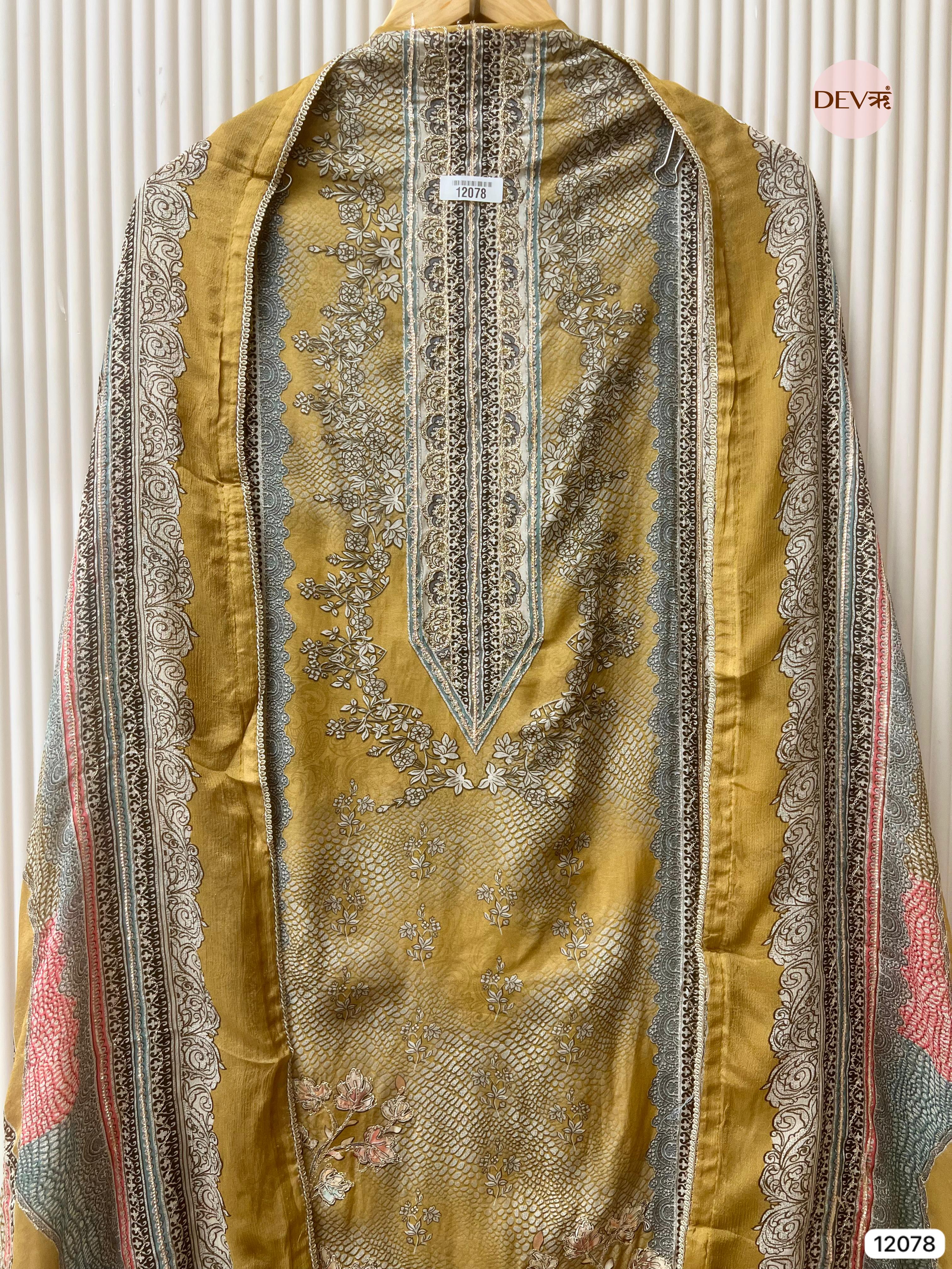 Yellow Pure Muslin Unstitched Printed With Hand Zardosi Embroidery -Set Of 3 - {12078}