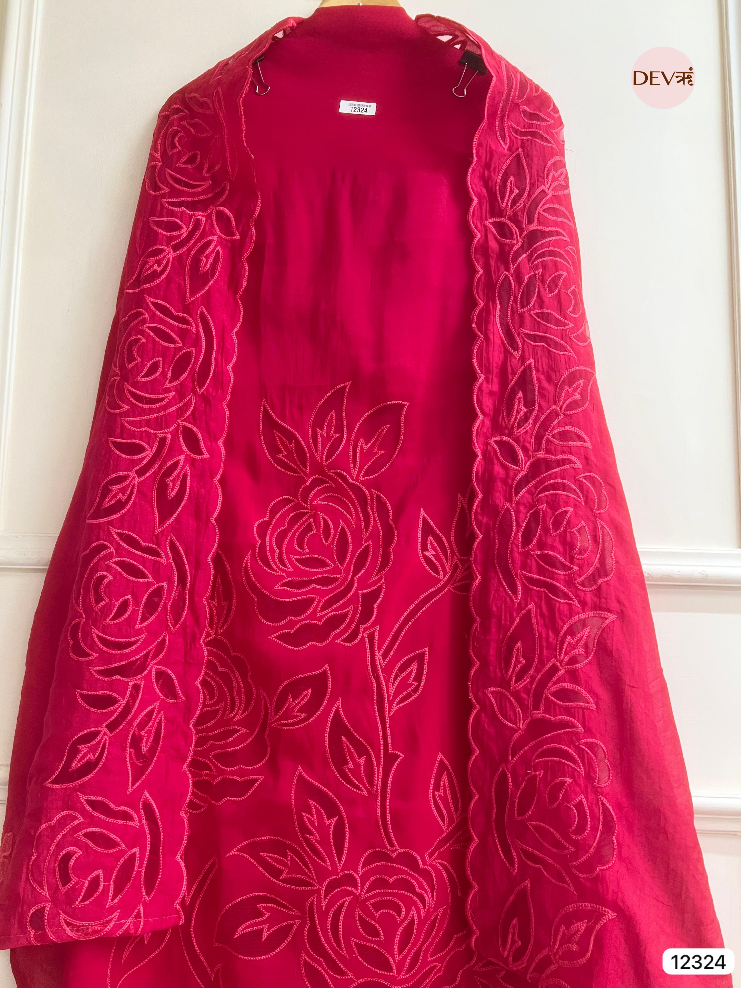 Deep Pink Mul Chanderi Embroidered Unstitched 3-Piece Suit (Devri – D.No 12324)