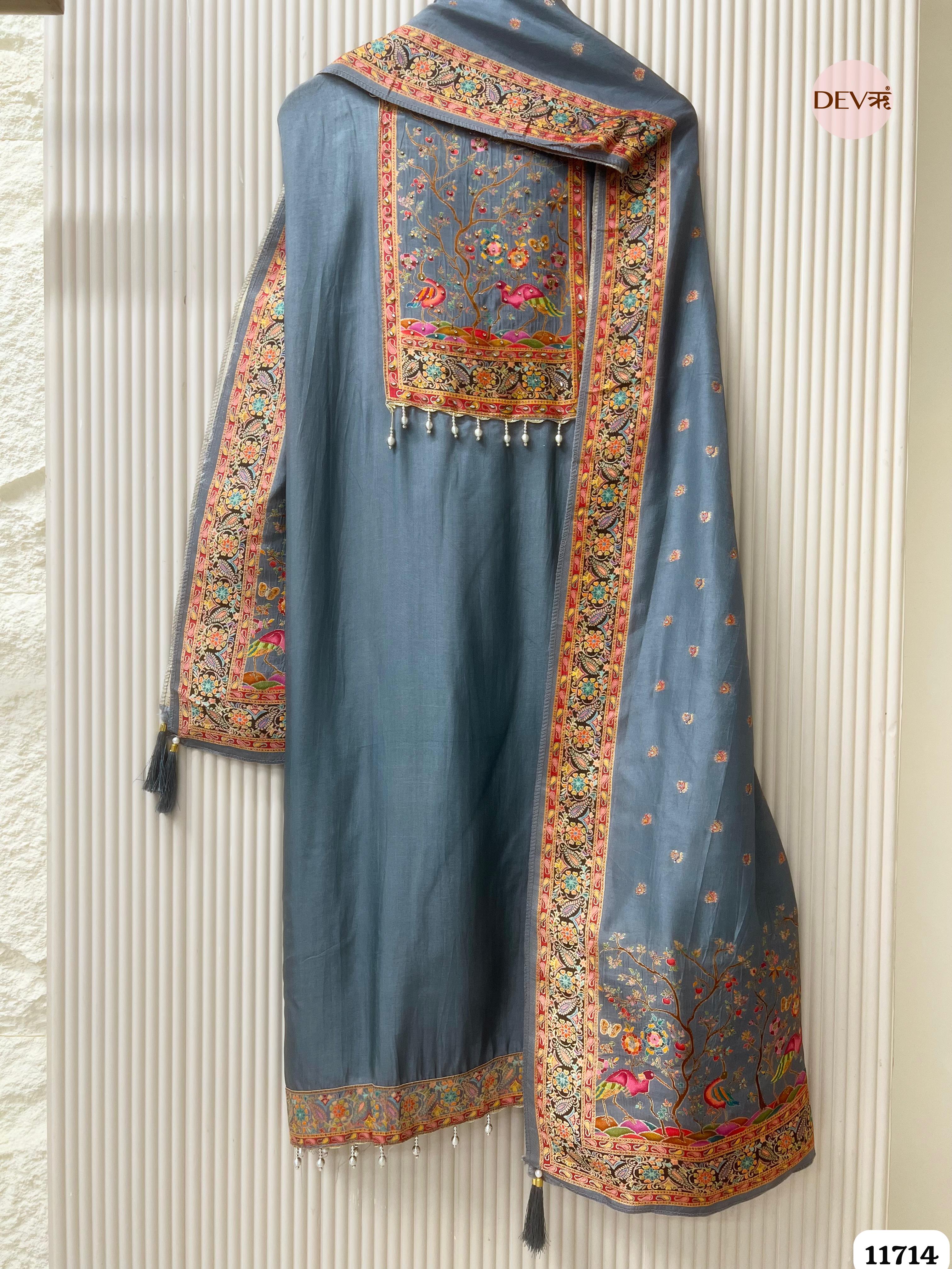 Grey Dola Silk Unstitched Banarasi Woven Hand Embroidered -Set Of 3- {11714}