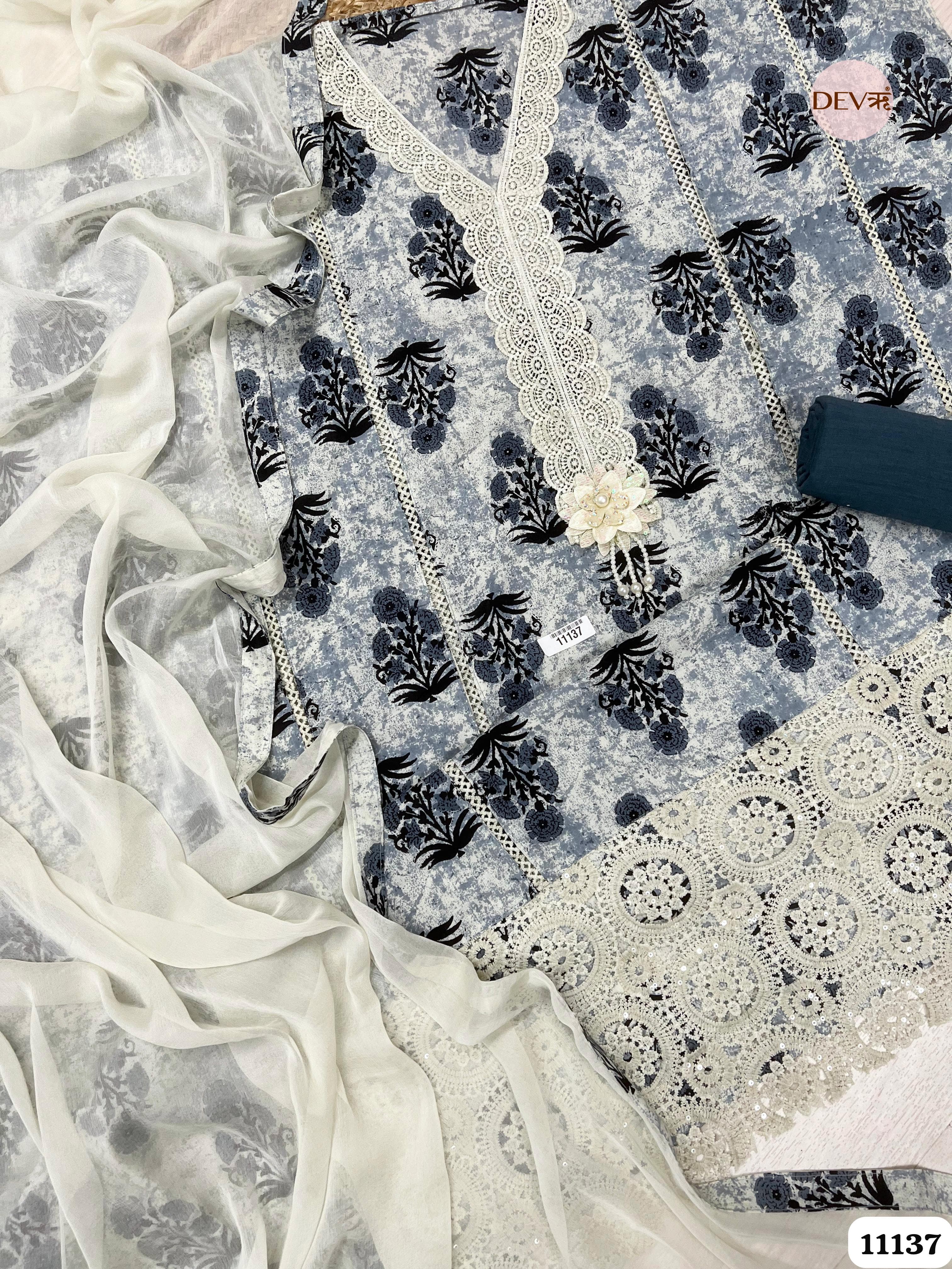 Black/White Cotton Unstitched Printed -Set Of 3 {11137}