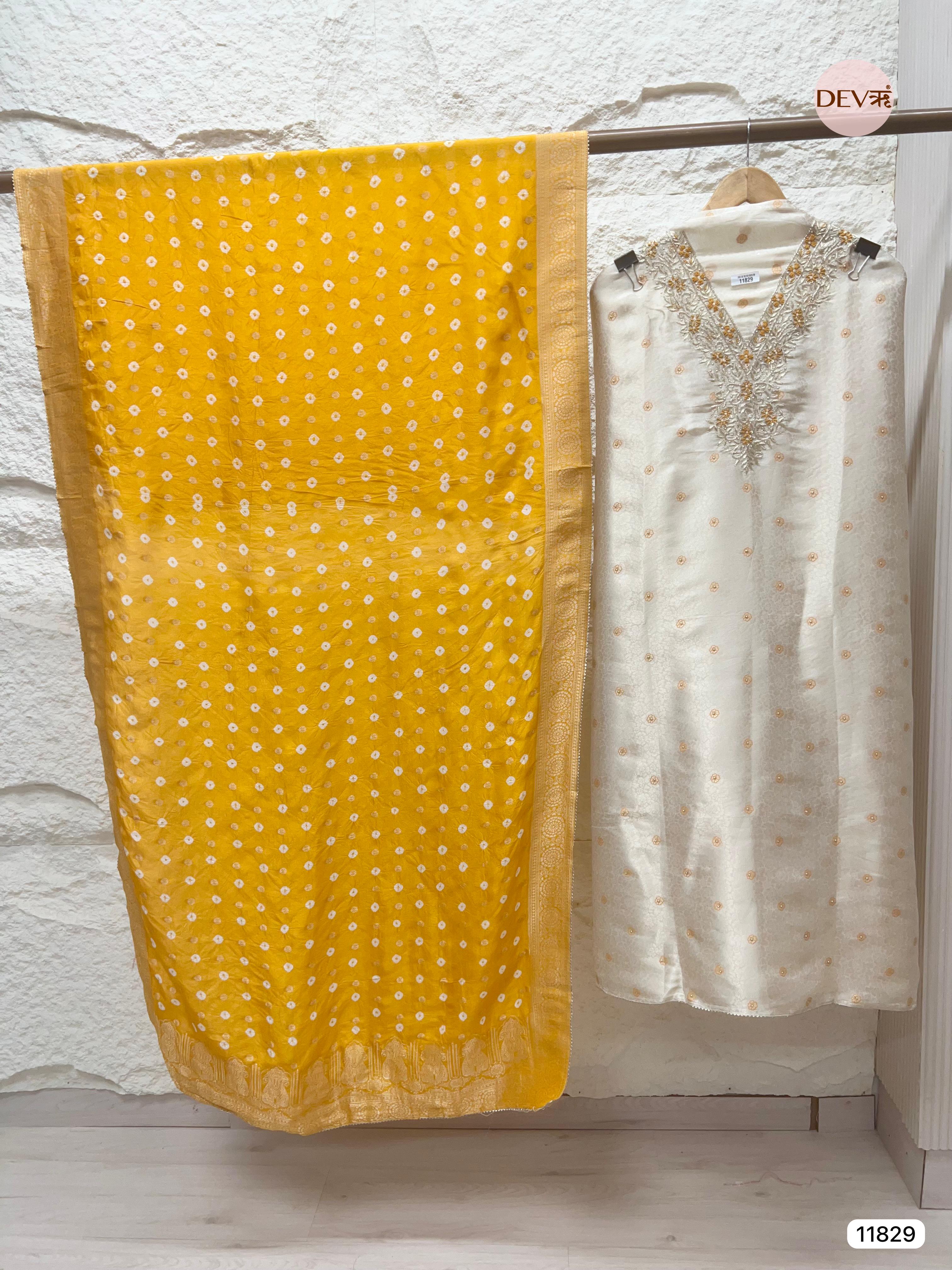 Cream Colour Pure Tissue Shimmer Silk Unstitched Hand Embroidered -Set Of 3- {11829}