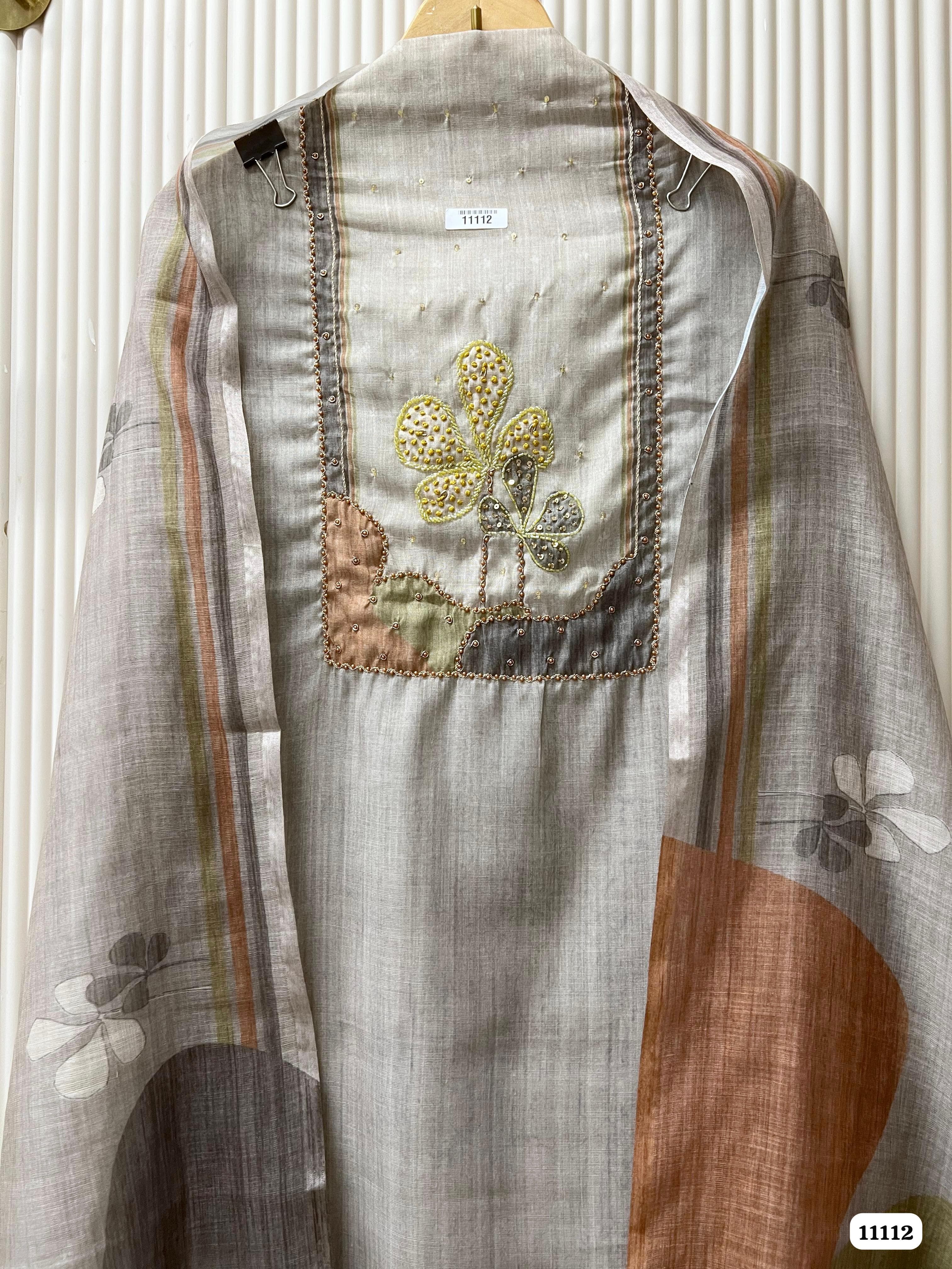 Grey Linen Printed Unstitched Hand Emboidered-Set Of 3 {11112}