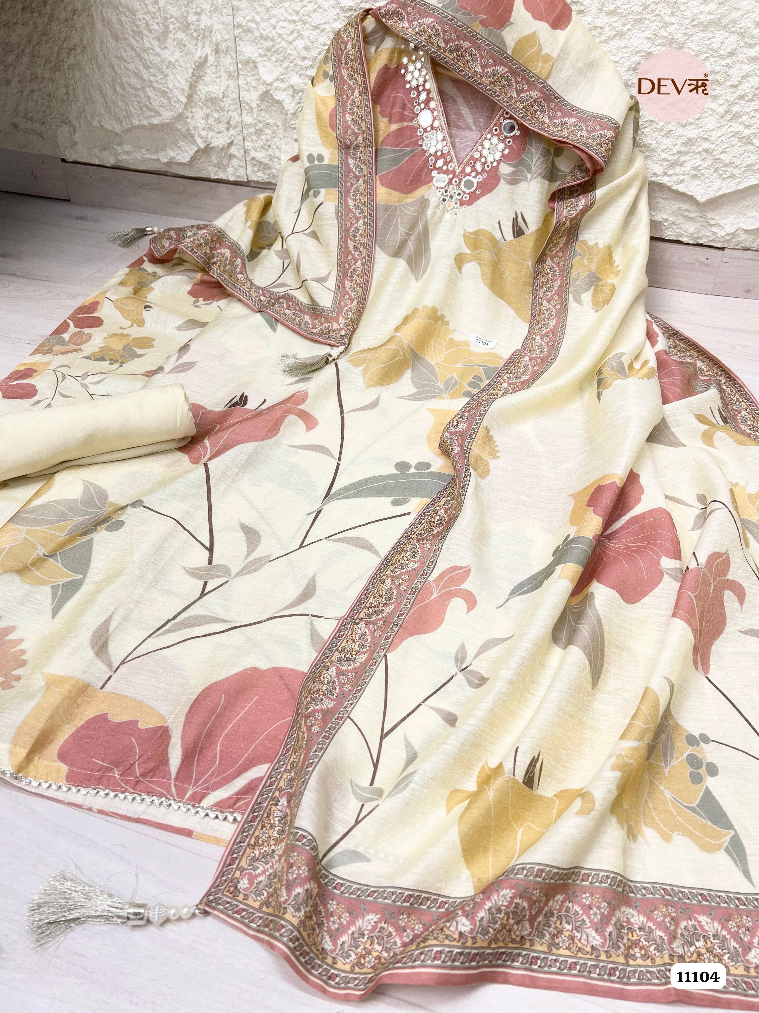 Creamy White Mul Chanderi Printed Unstitched Hand Embidered -Set Of 3 {11104}