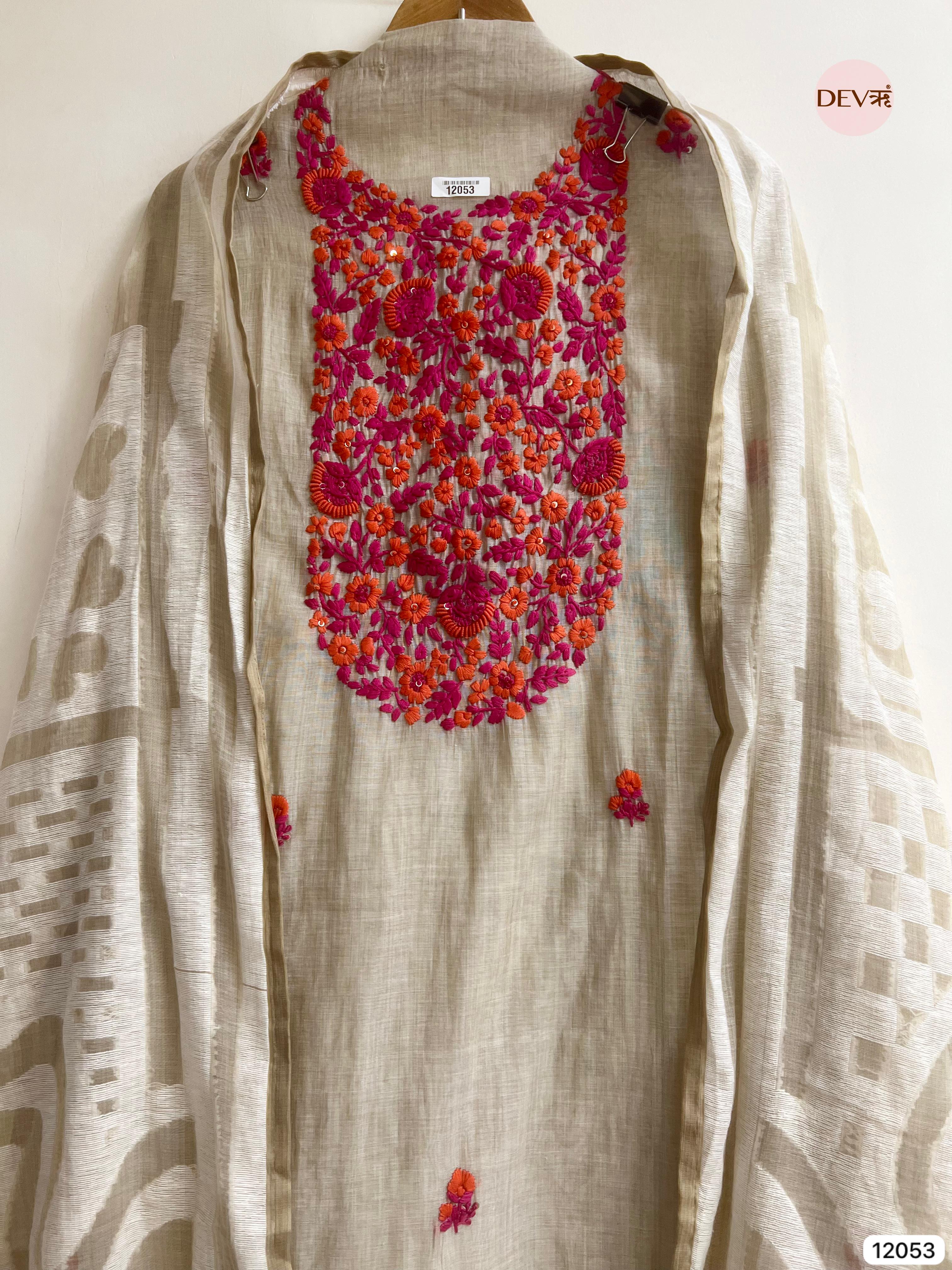 Of White Pure Khadi Silk Unstitched Embroidered -Set Of 3 - {12053}