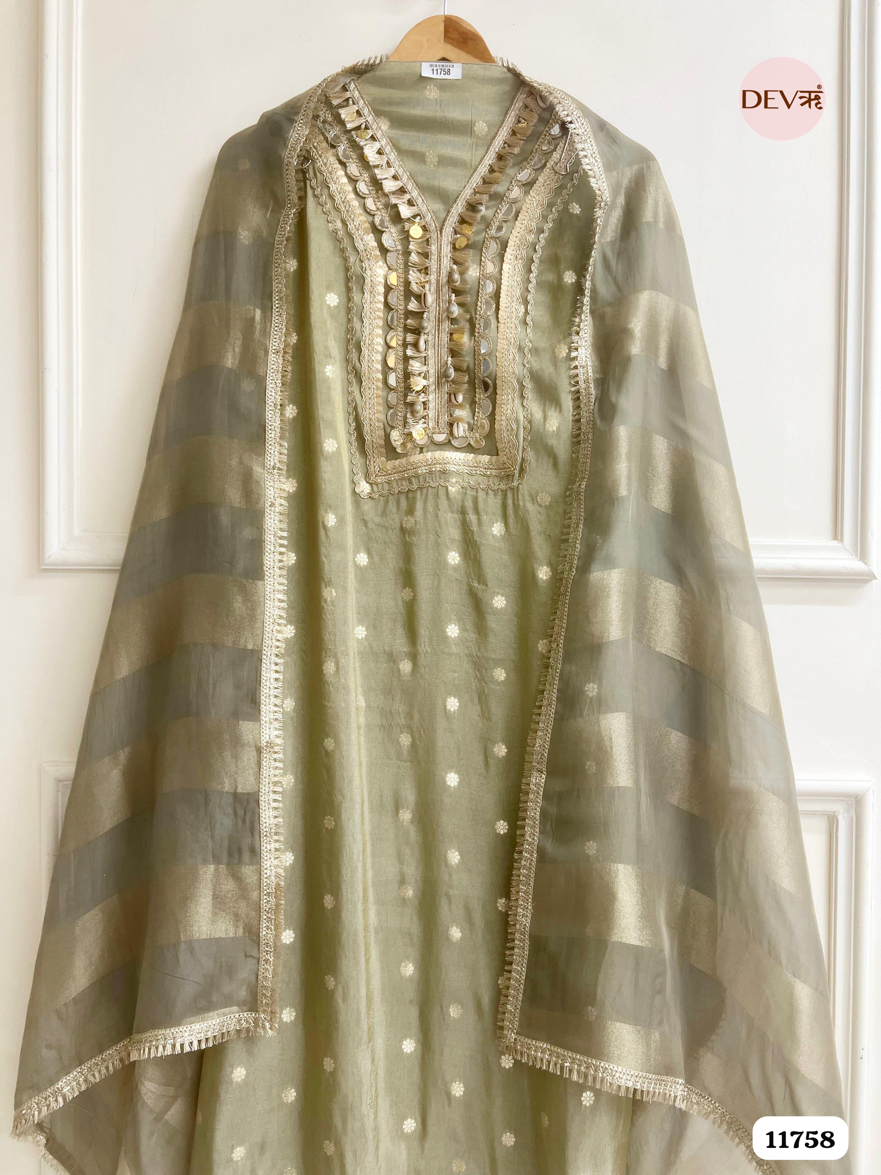 Green Tissue Silk Unstitched Hand Embroidered -Set Of 3 {11758}