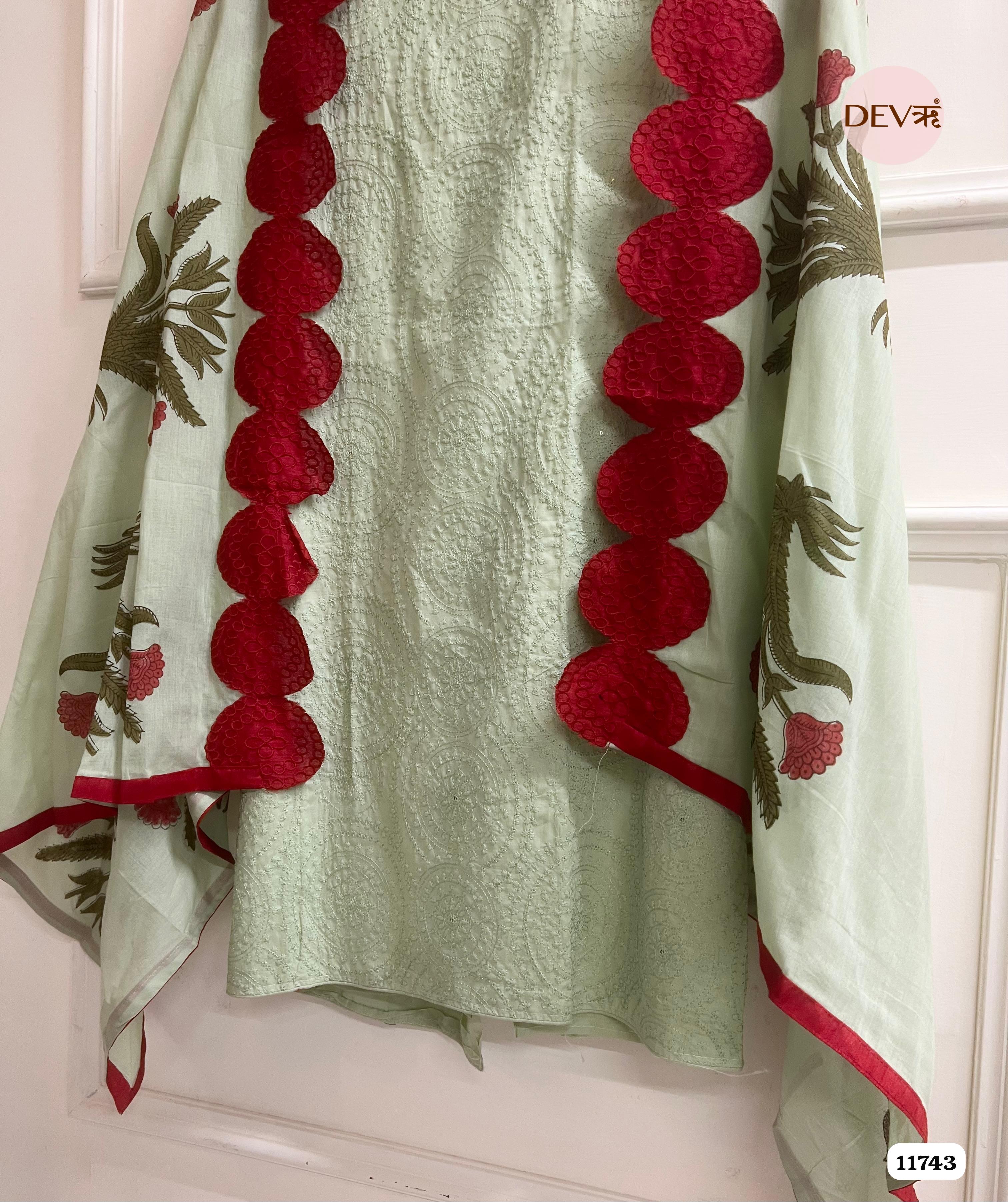 Green Pista Cotton Unstitched Embroidered -Set Of 3 {11743}