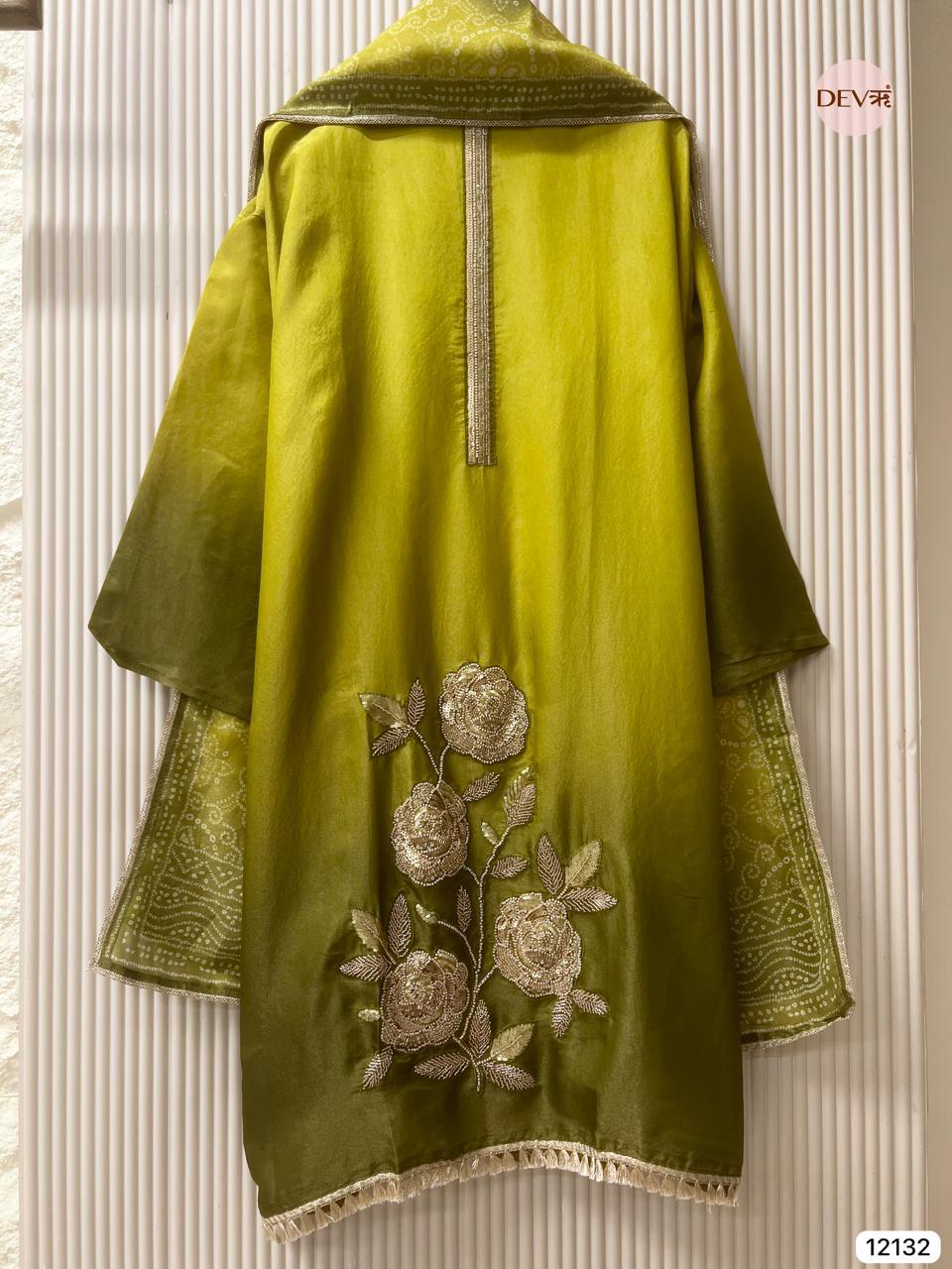 Olive-Green Soft Tissue Silk Embroidered Unstitched 3-Piece Suit (Devri – D.No 12132)