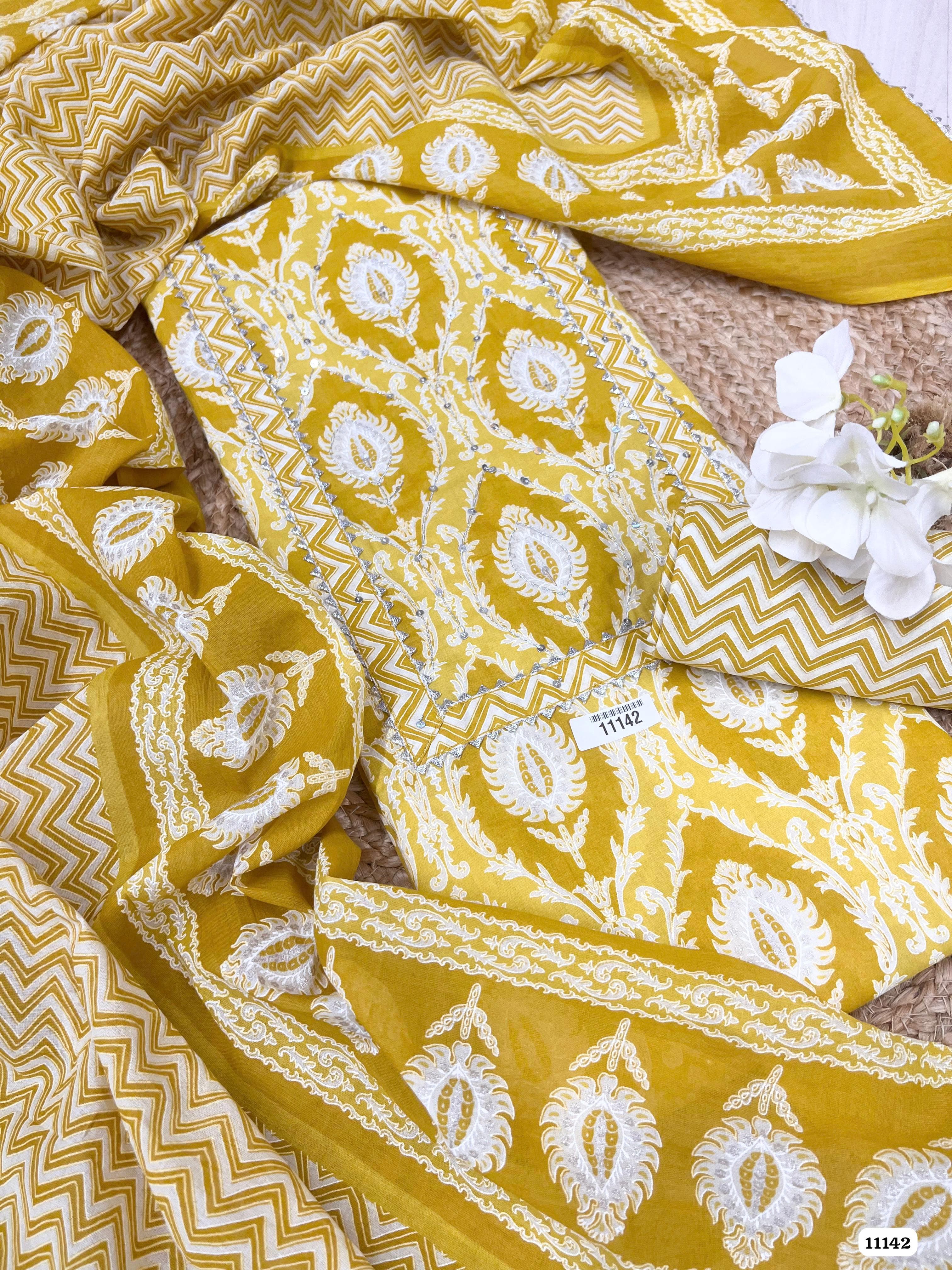 Yellow Cotton Printed Unstitched Hand Embidered -Set Of 3 {11142}