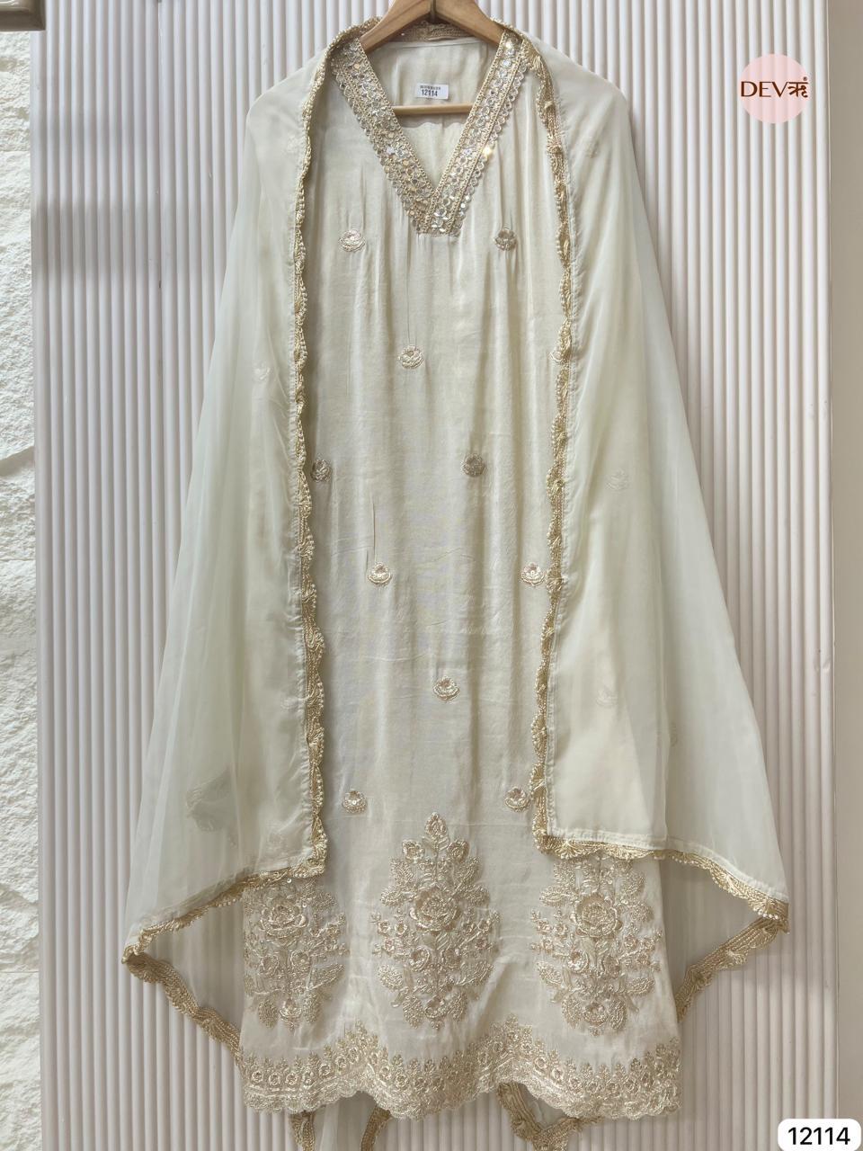 Ivory Tissue Shimmer Silk Embroidered Unstitched 3-Piece Suit (Devri – D.No 12114).