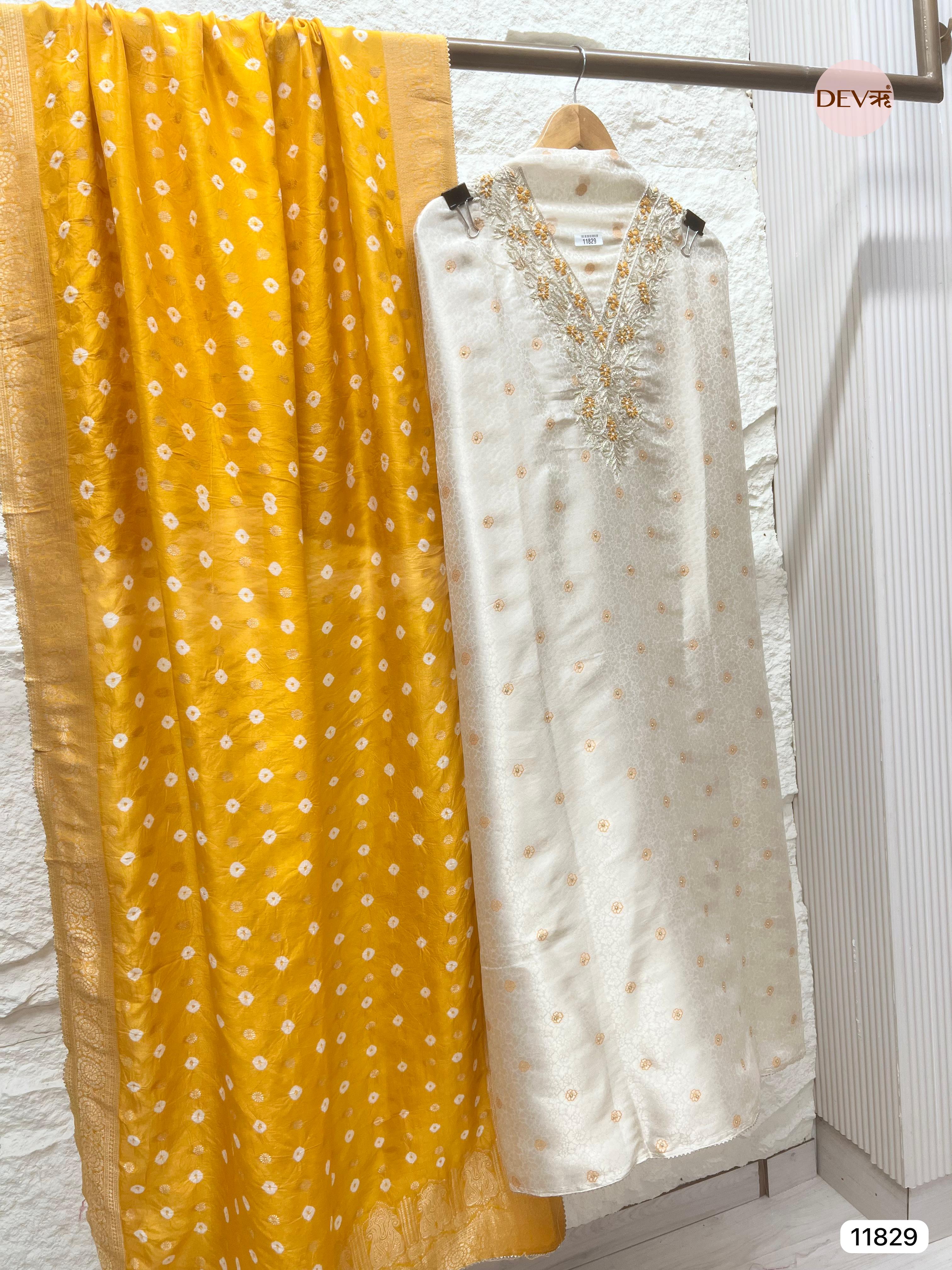 Cream Colour Pure Tissue Shimmer Silk Unstitched Hand Embroidered -Set Of 3- {11829}