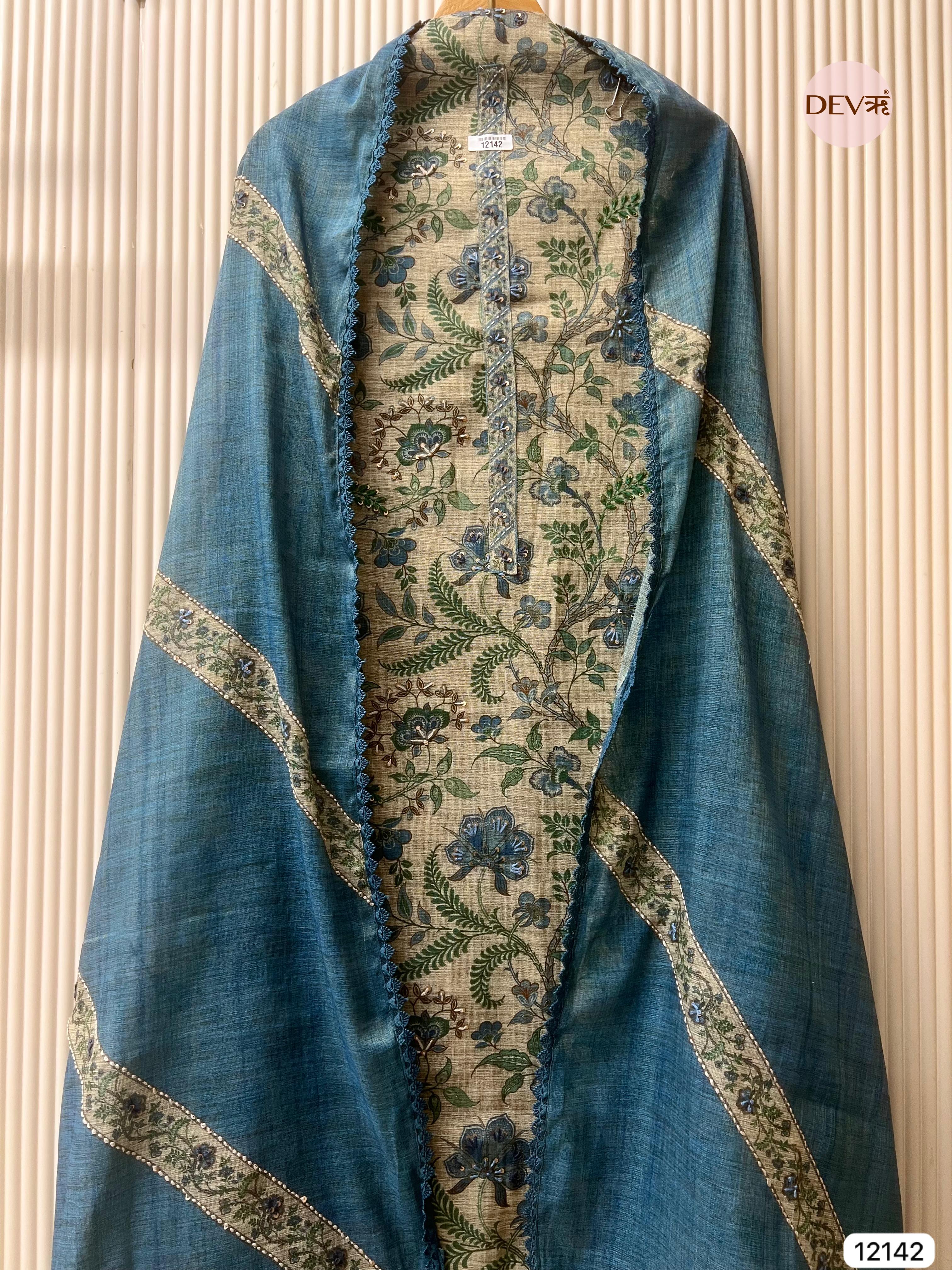 Multi Colour Pure Khadi Silk Unstitched Printed -Set Of 3 - {12142}