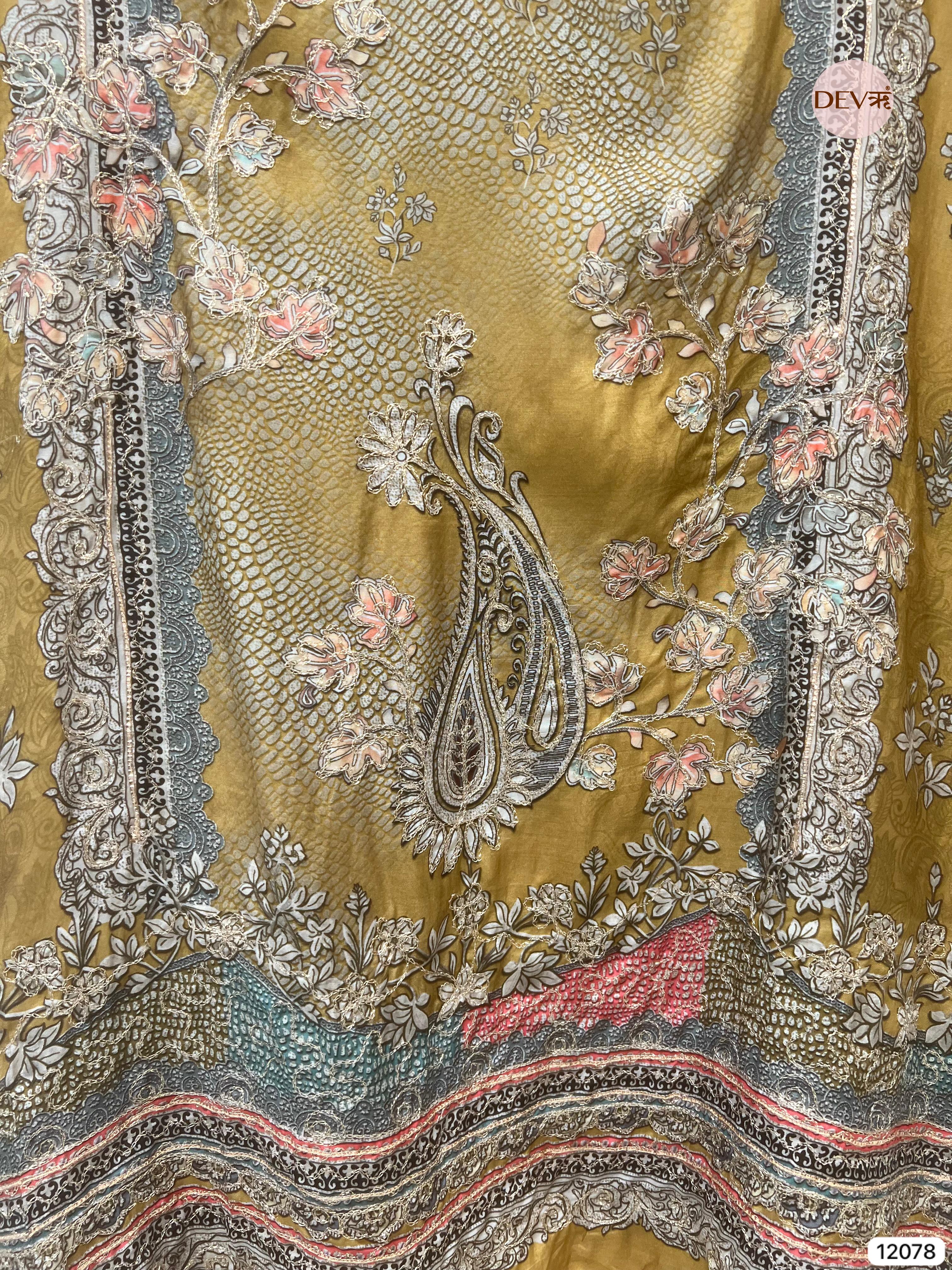 Yellow Pure Muslin Unstitched Printed With Hand Zardosi Embroidery -Set Of 3 - {12078}