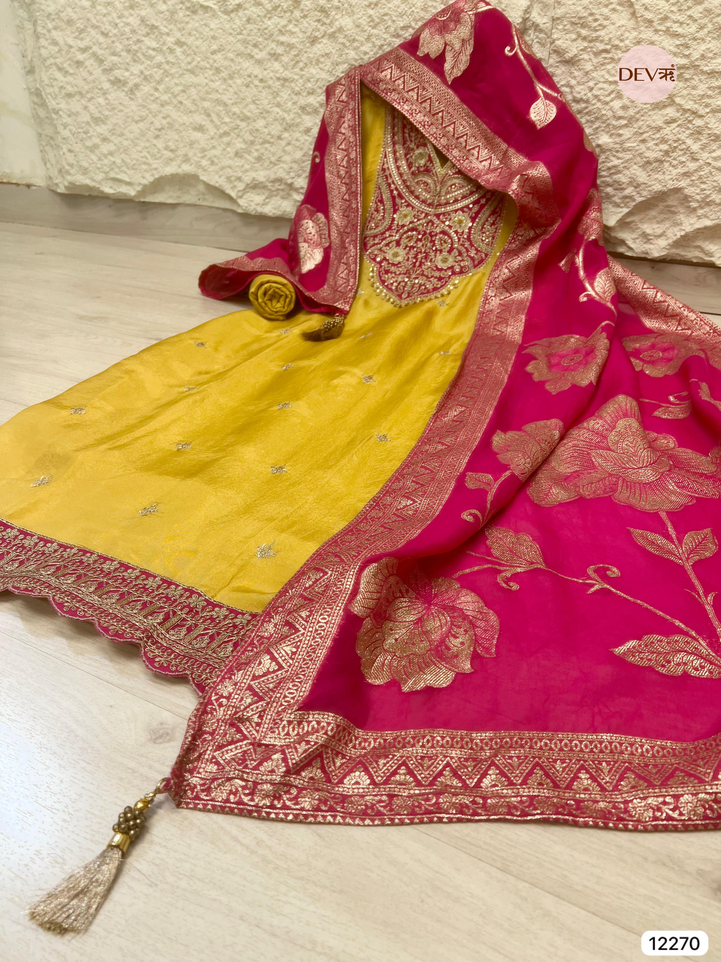 Yellow Shimmer Silk Embroidered Unstitched 3-Piece Suit (Devri – D.No 12270)