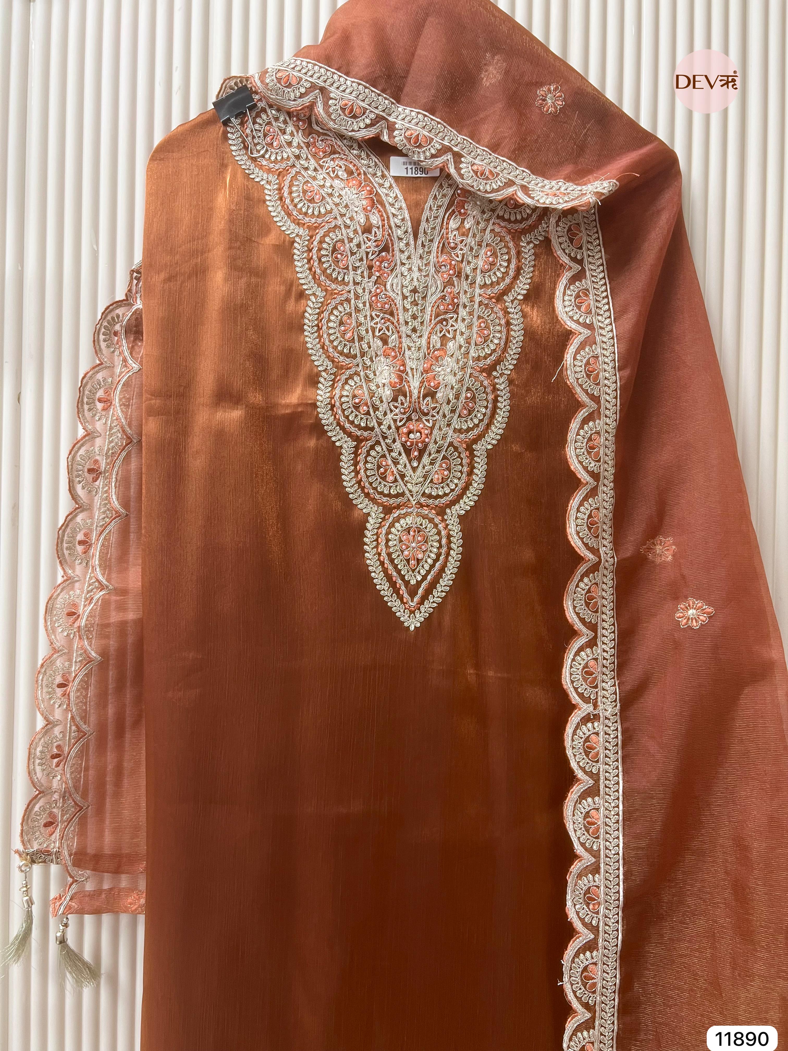 Brown Tissue Shimmer Silk Unstitched Printed Embroidered -Set Of 3 - {11890}