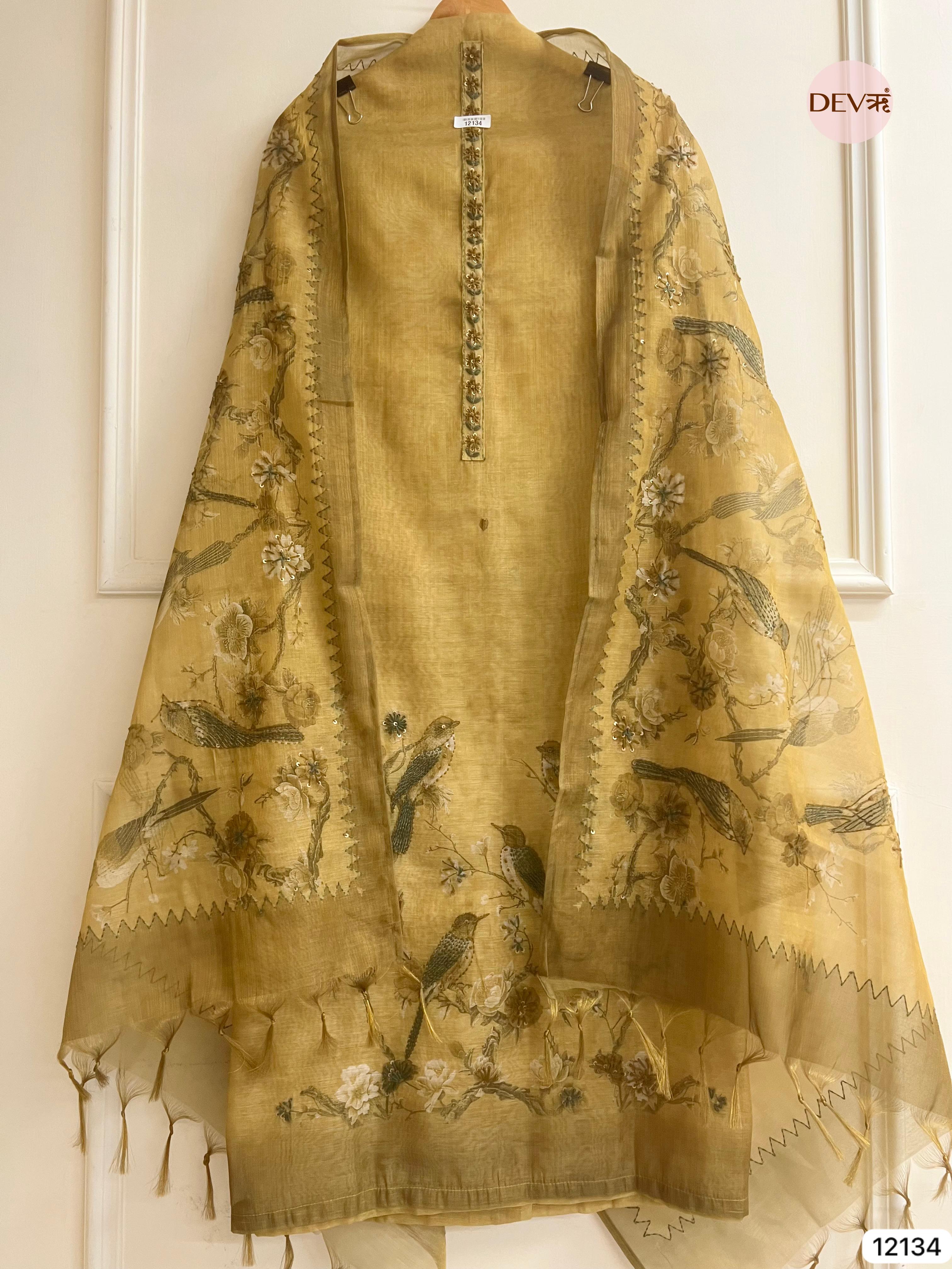 Yellow Pure Soft jamdani linen Woven Unstitched -Set Of 3 - {12134}