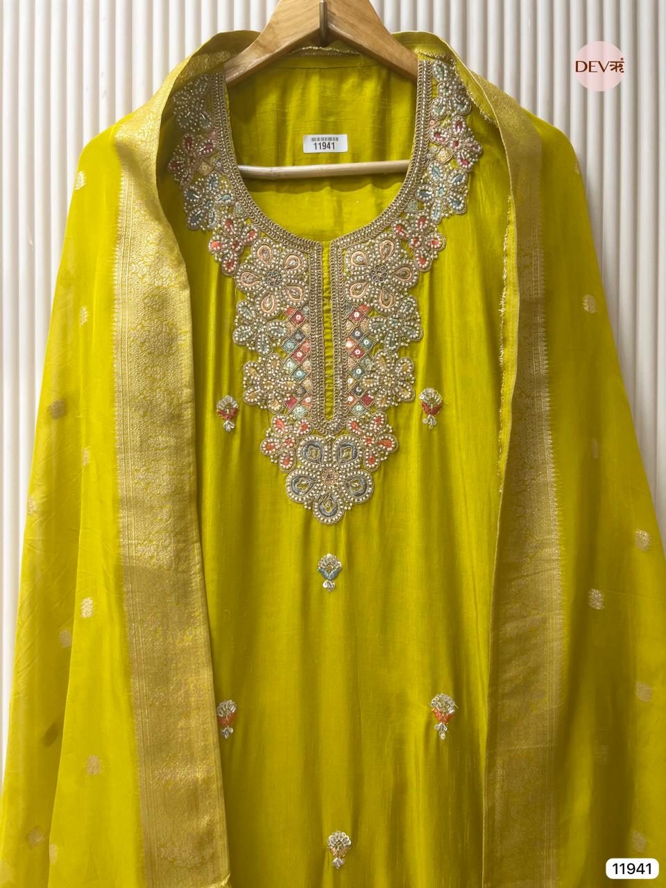 Yellow Pure Russian Silk Unstitched Hand Embroidered -Set Of 3- {11941}