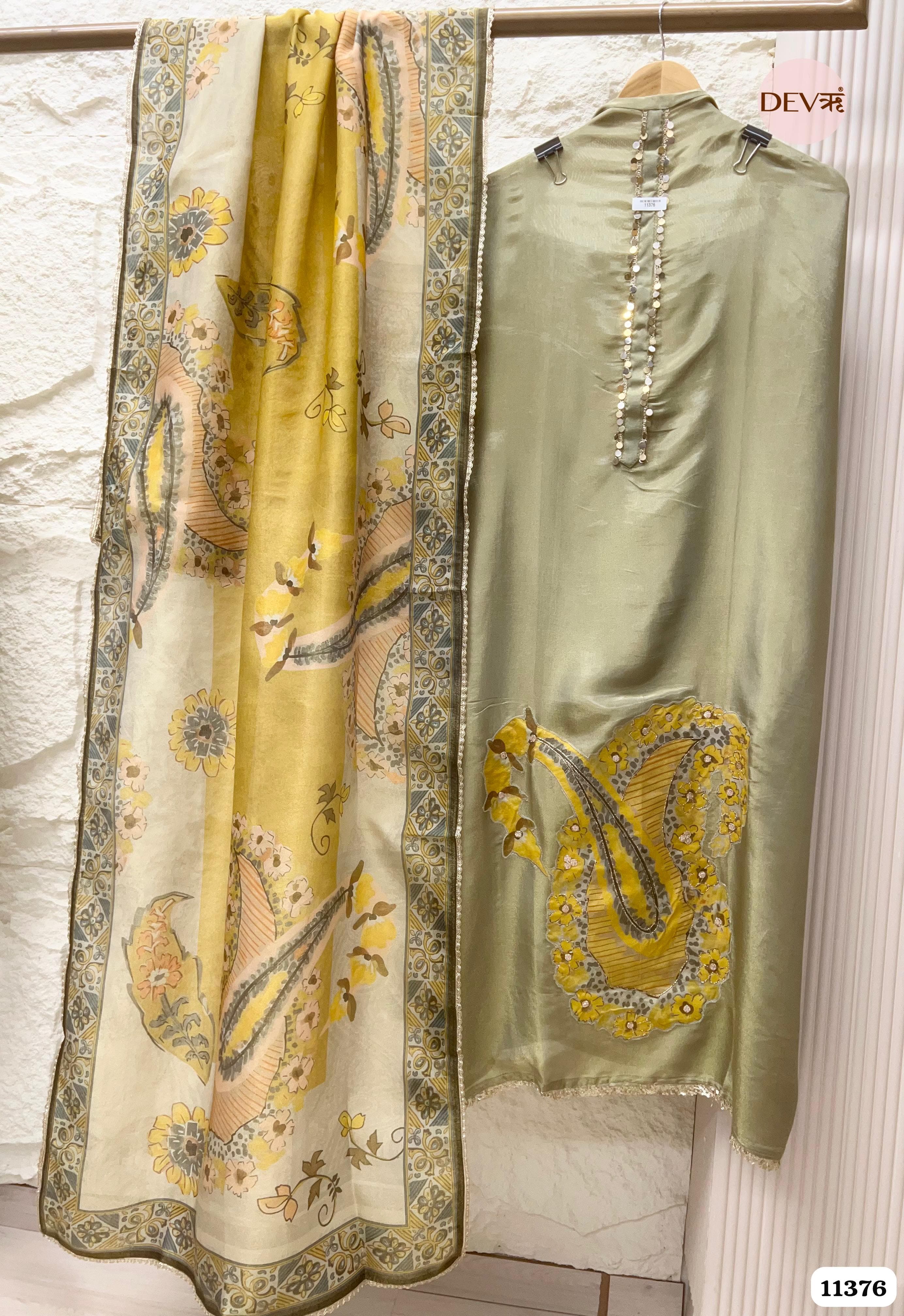 Green Tissue Silk Unstitched Embroidered -Set Of 3 {11376}