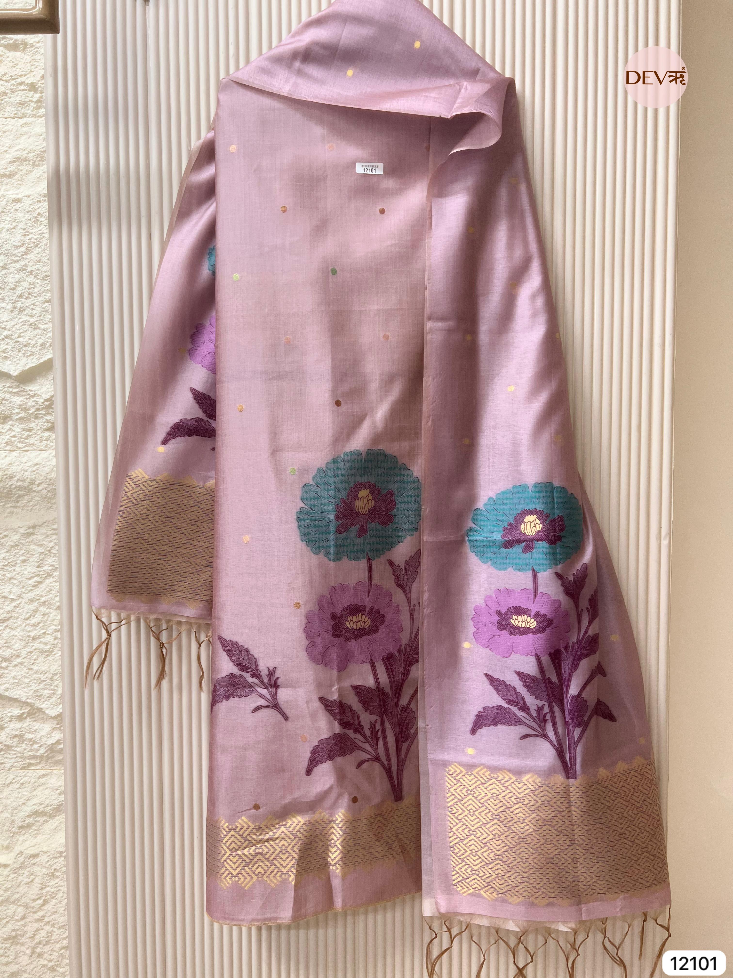 Pink Banarasi Khadi Silk Unstitched -Set Of 3 - {12101}