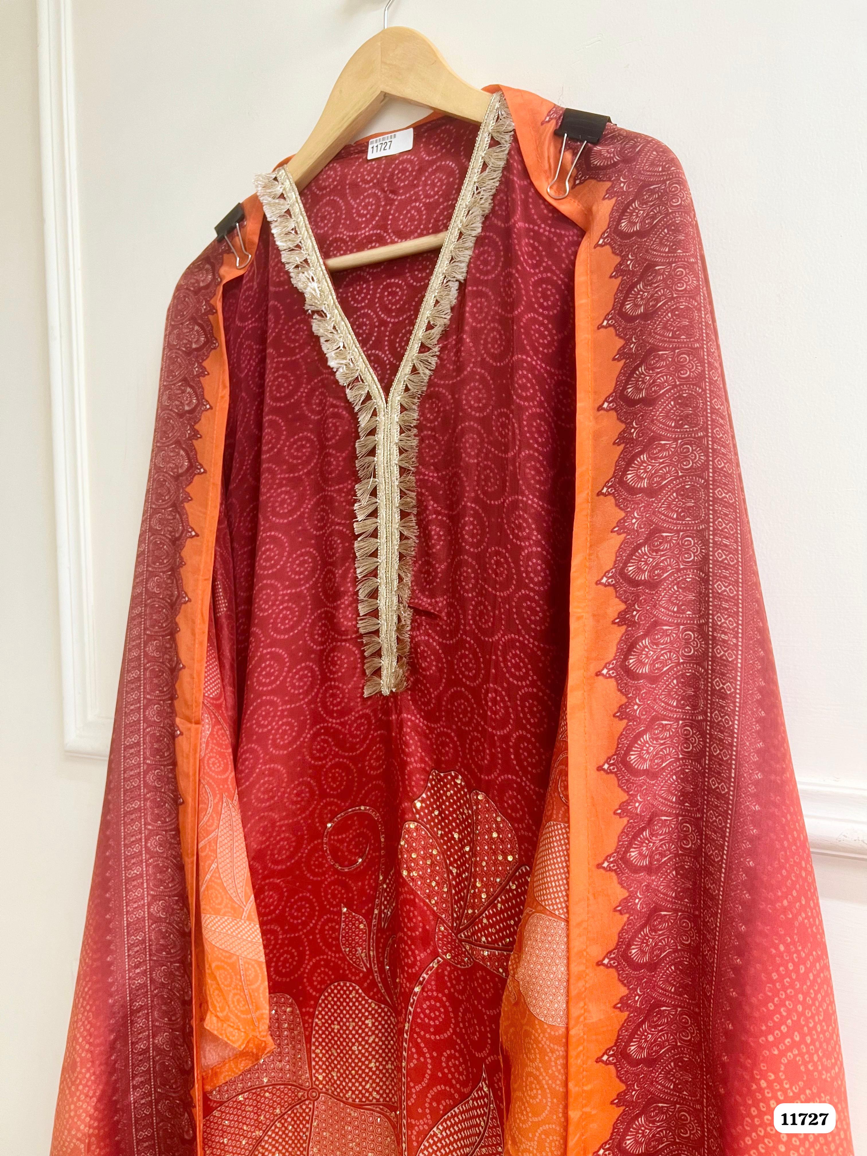 Red & Orange Silk Semi stitched Hand Embroidered -Set Of 3 {11727}