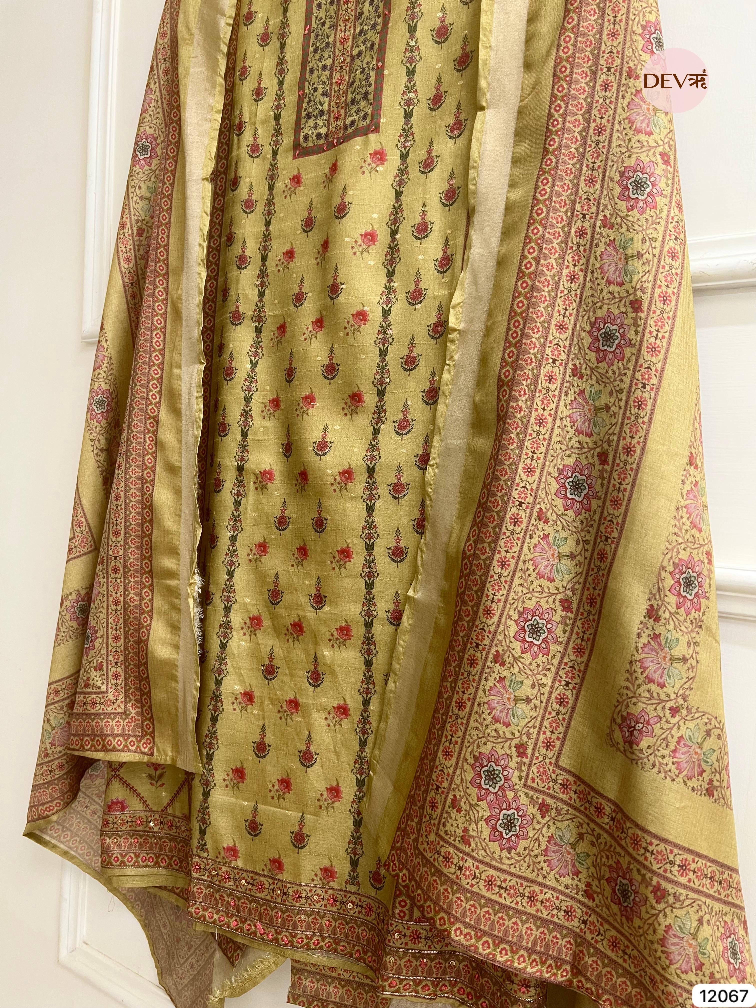 Yellow Raw Handloom Silk Unstitched Designer Printed With Hand Embroidery -Set Of 3 - {12067}
