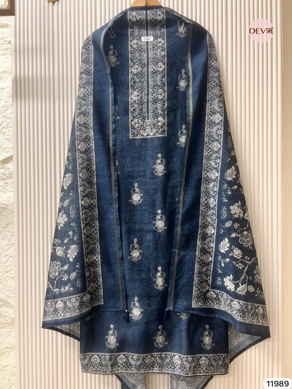 Navy Mul Chanderi Printed Unstitched 3-Piece Suit (Devri – D.No 11989)