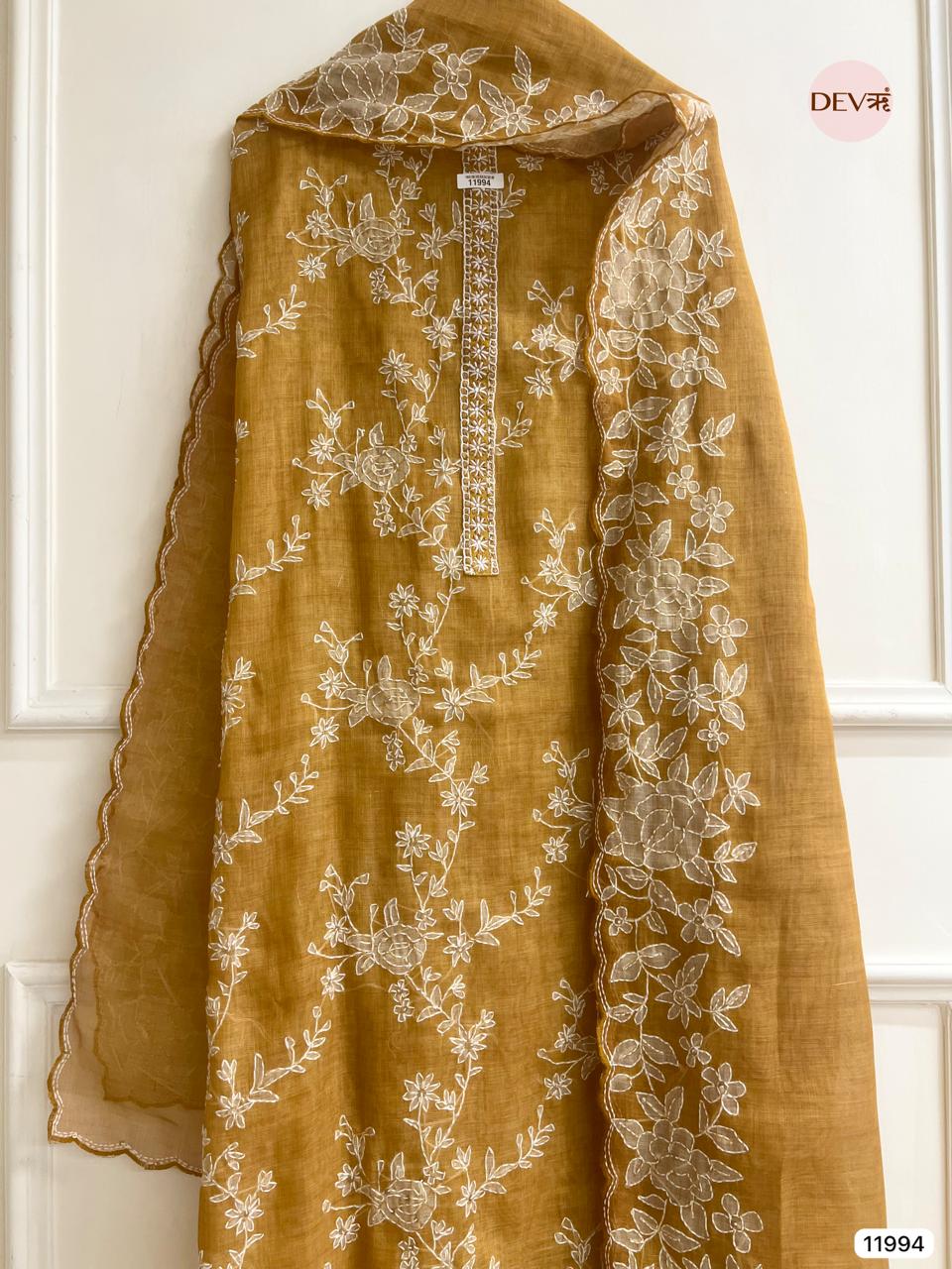 Yellow Pure Mul Linen Unstitched Embroidered -Set Of 3 - {11994}