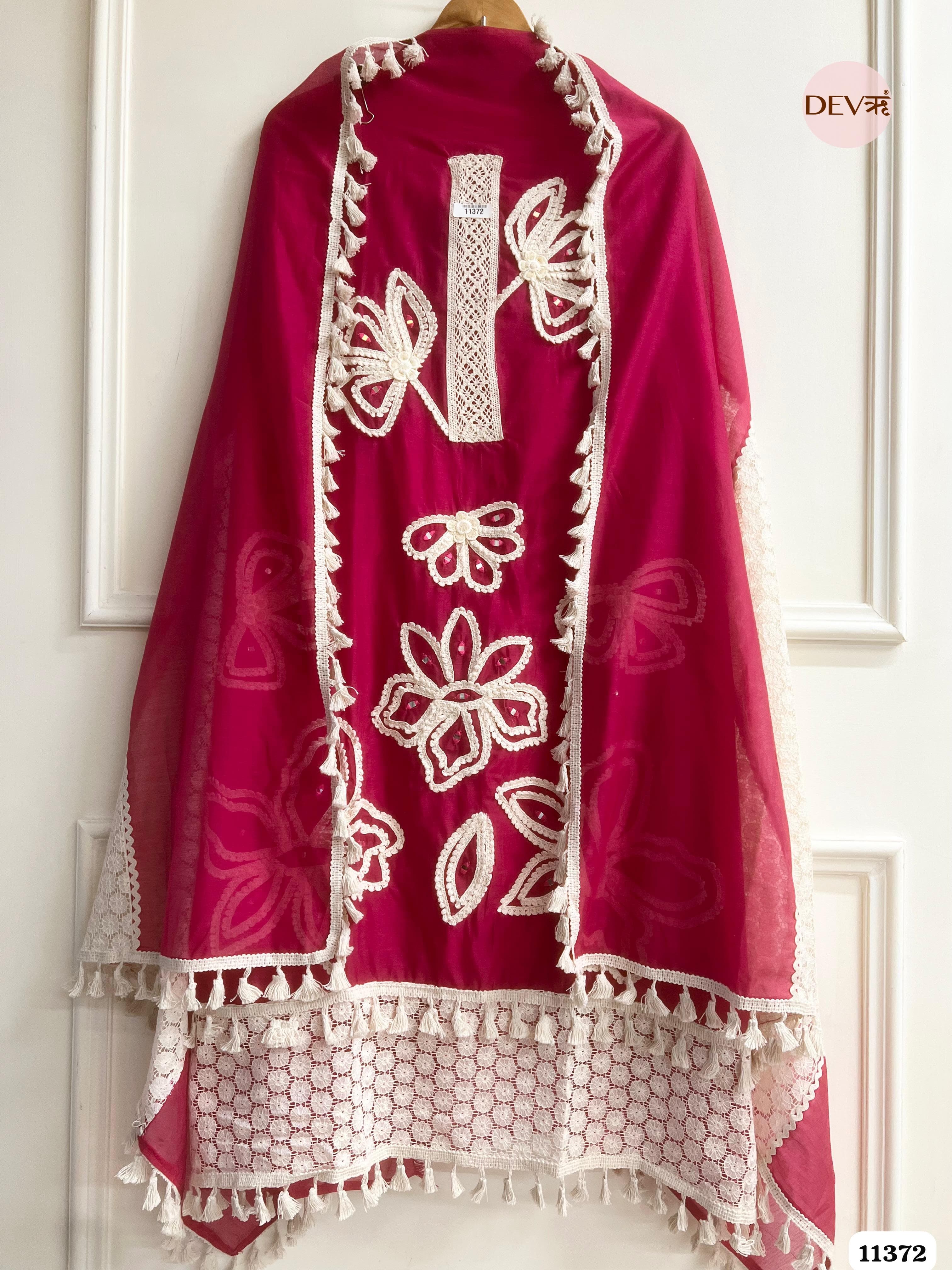 Pink Mul Chanderi Unstitched Hand Embroidered -Set Of 3 {11372}
