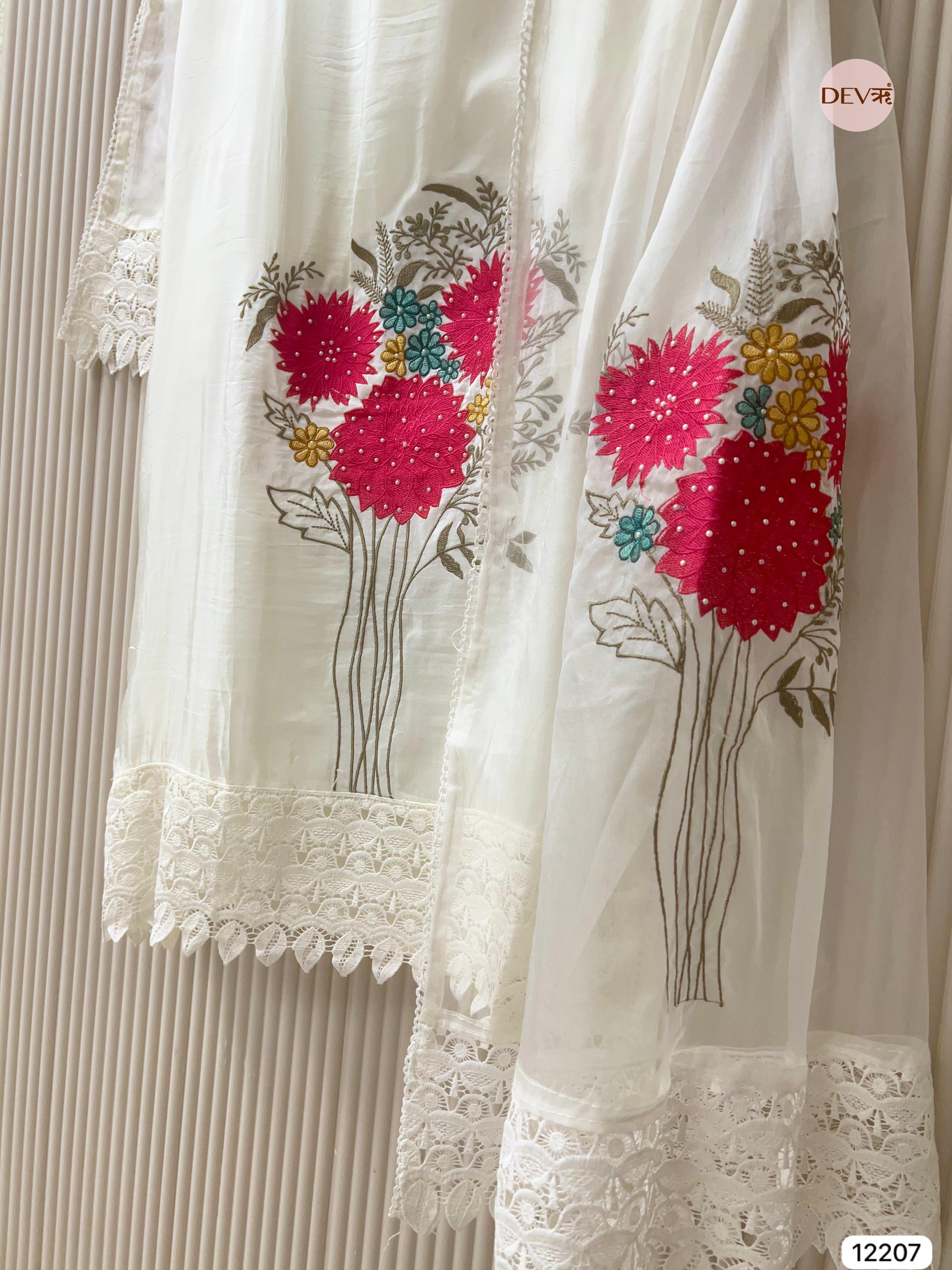 White Glass Organza Embroidered Unstitched 3-Piece Suit (Devri – D.No 12207)