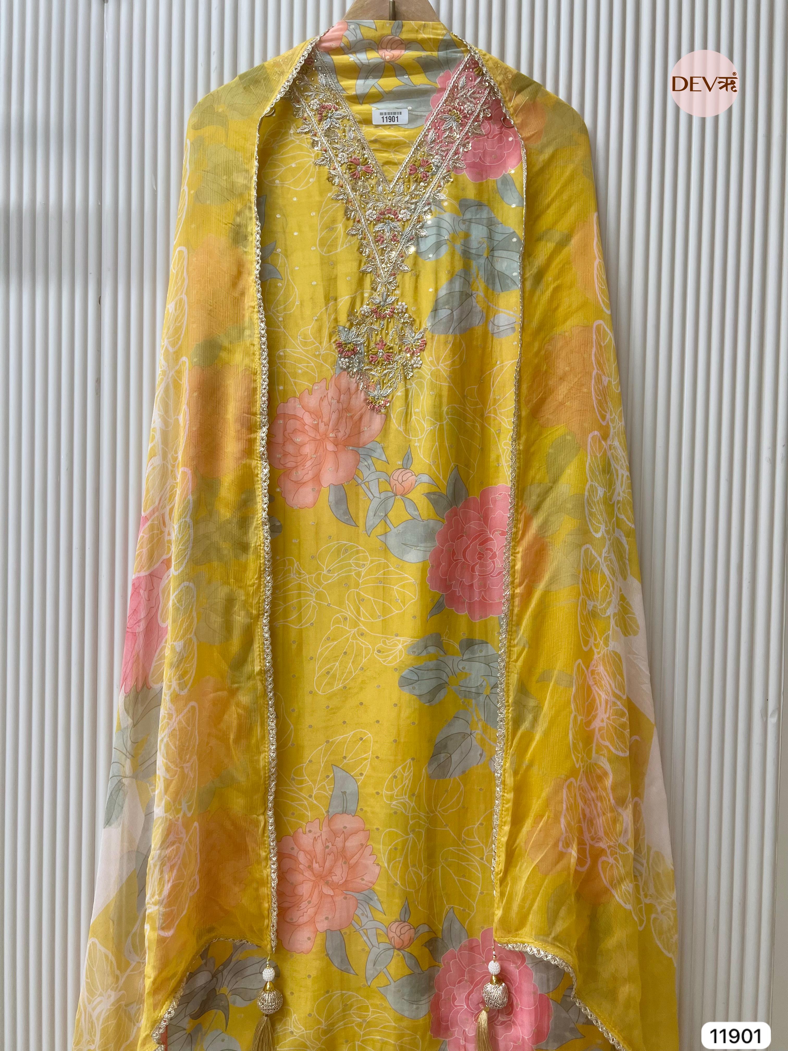 Yellow Pure Shimmer Tissue Silk Unstitched Printed Hand Embroidered -Set Of 3- {11901}