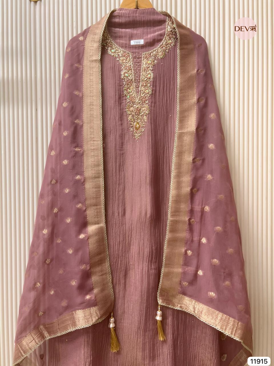 Purple Pure Tissue Silk Crush Unstitched Hand Embroidered -Set Of 3 - {11915}