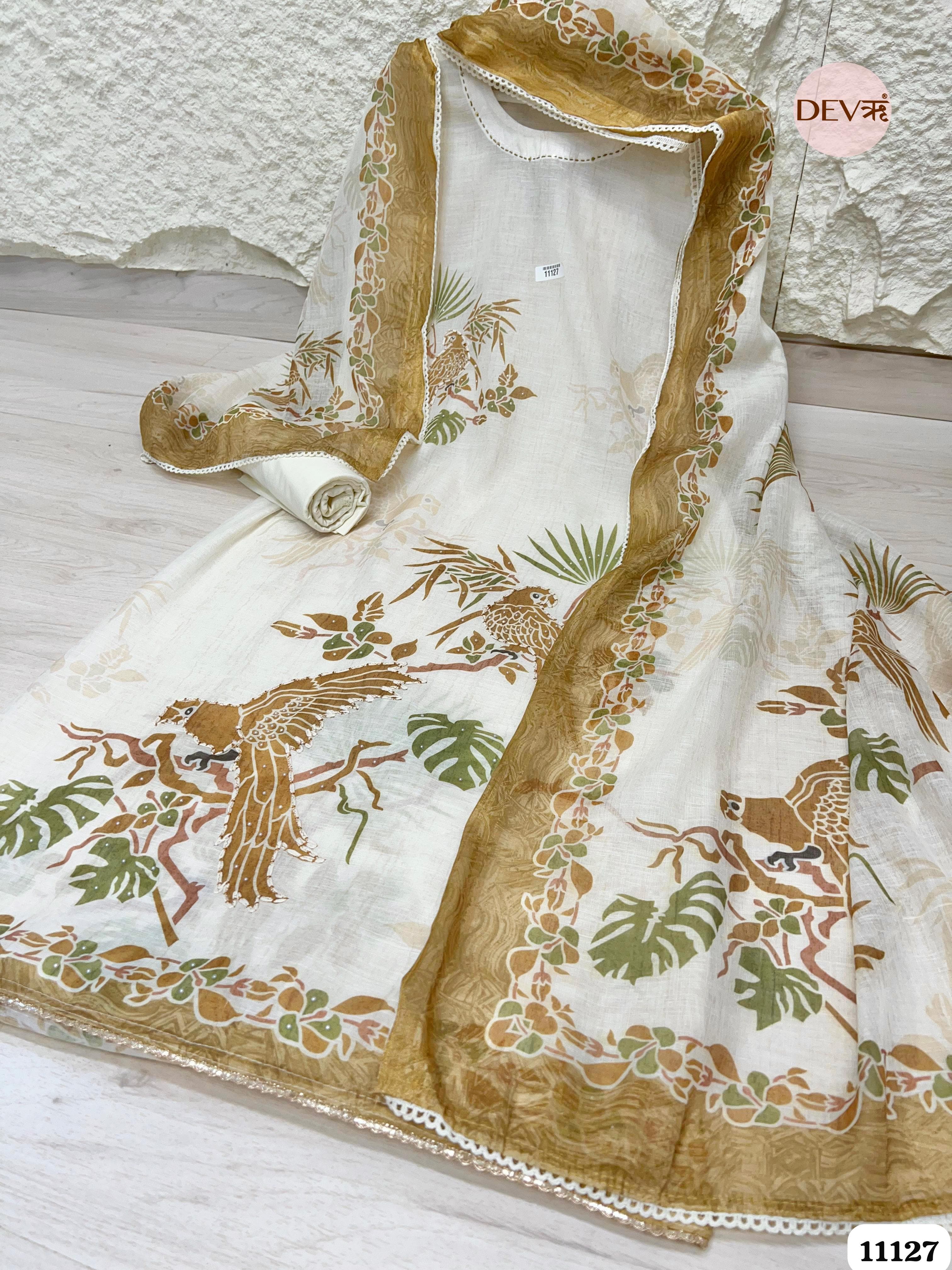 White Linen Unstitched Printed Embroidered -Set Of 3 {11127}