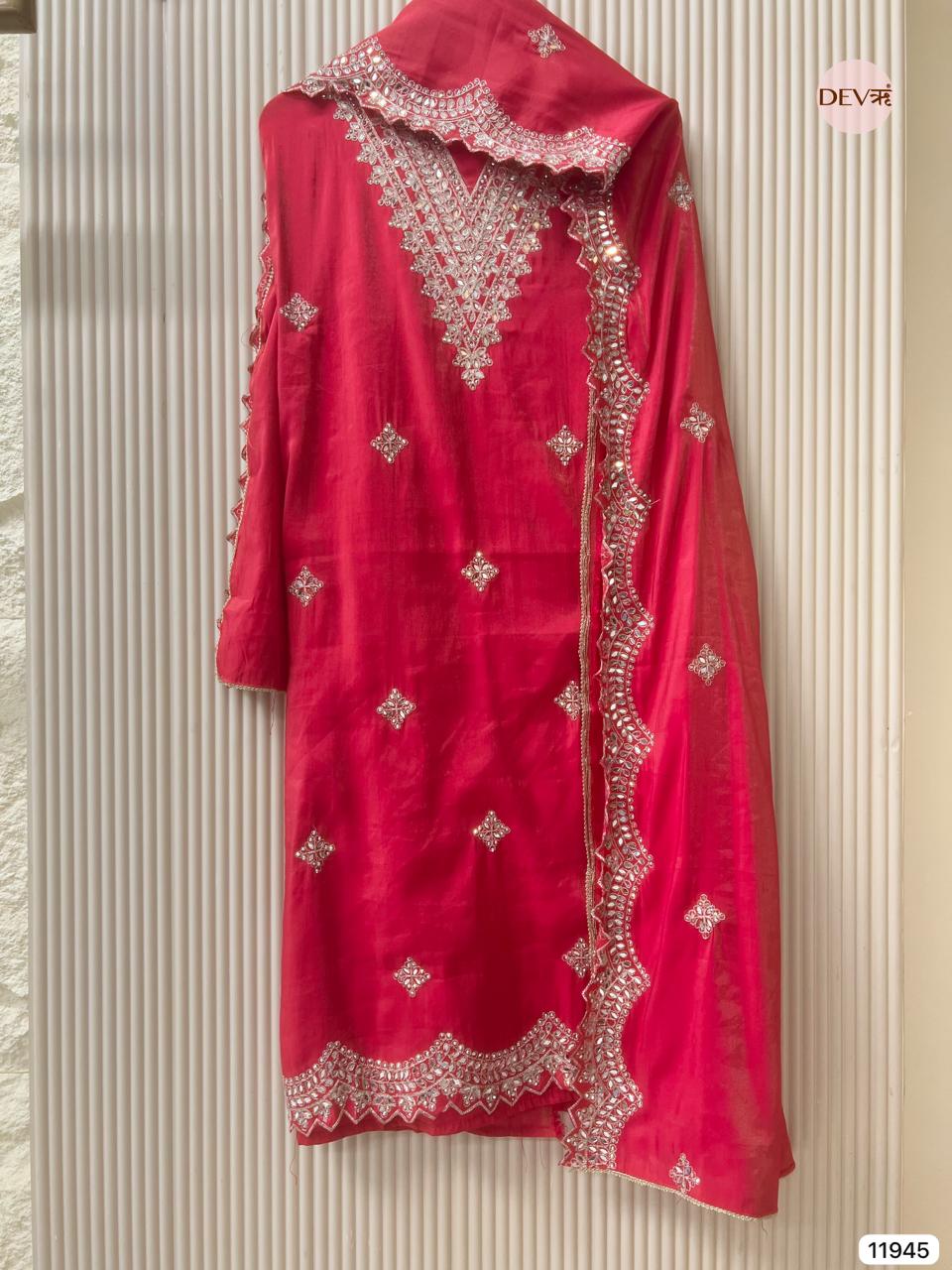 Red Modal Silk Unstitched Hand Embroidered -Set Of 3 - {11945}