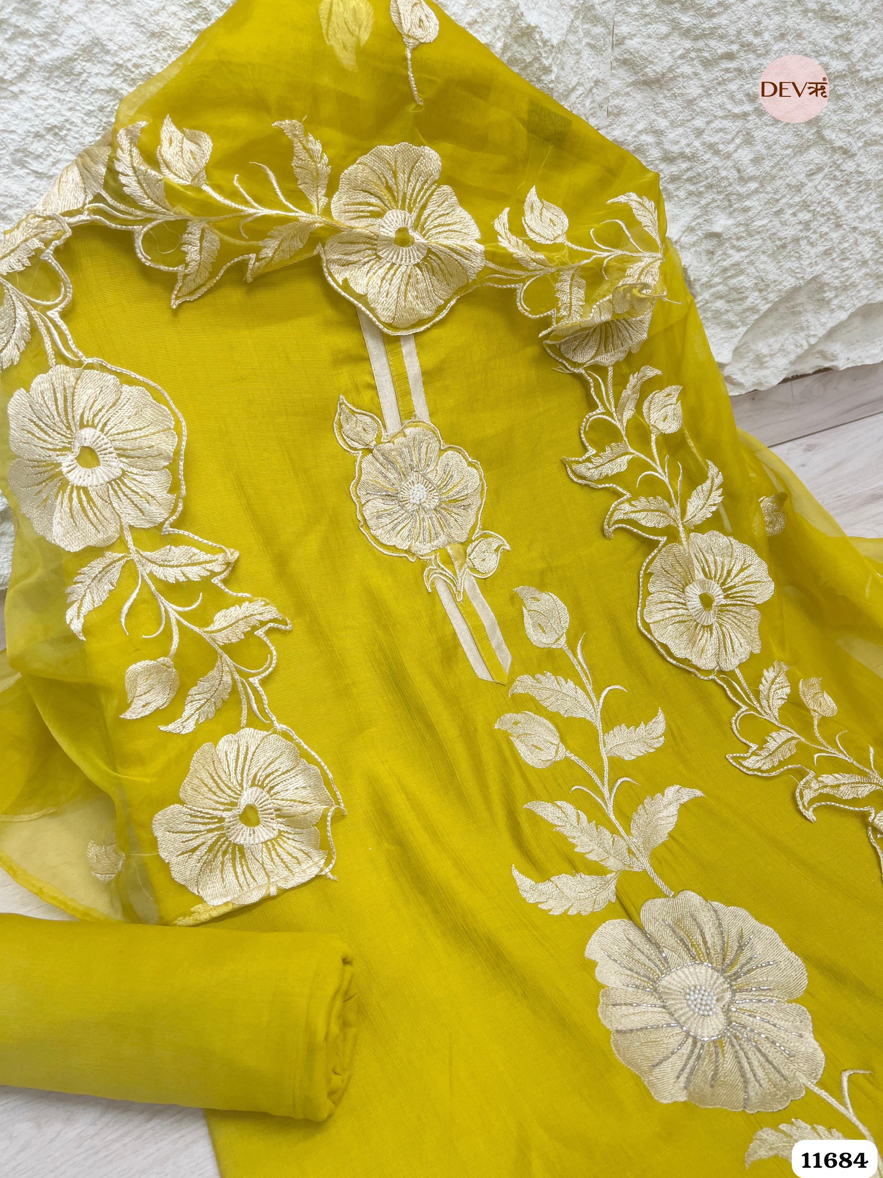 Lime Green Mul Chanderi Unstitched Embroidered -Set Of 3 {11684}