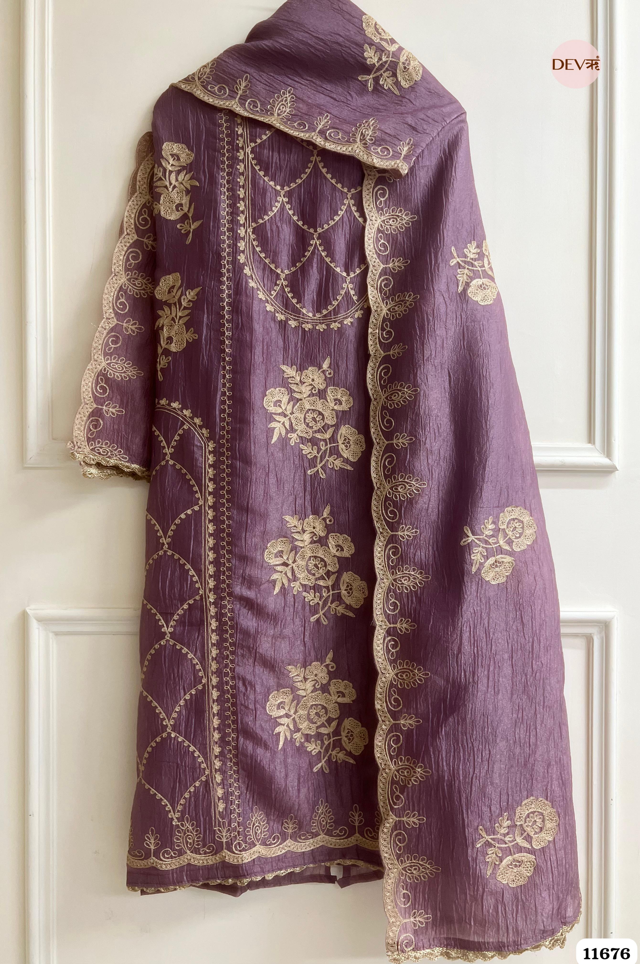 Purple Tissue Crush Unstitched Embroidered -Set Of 3 {11676}