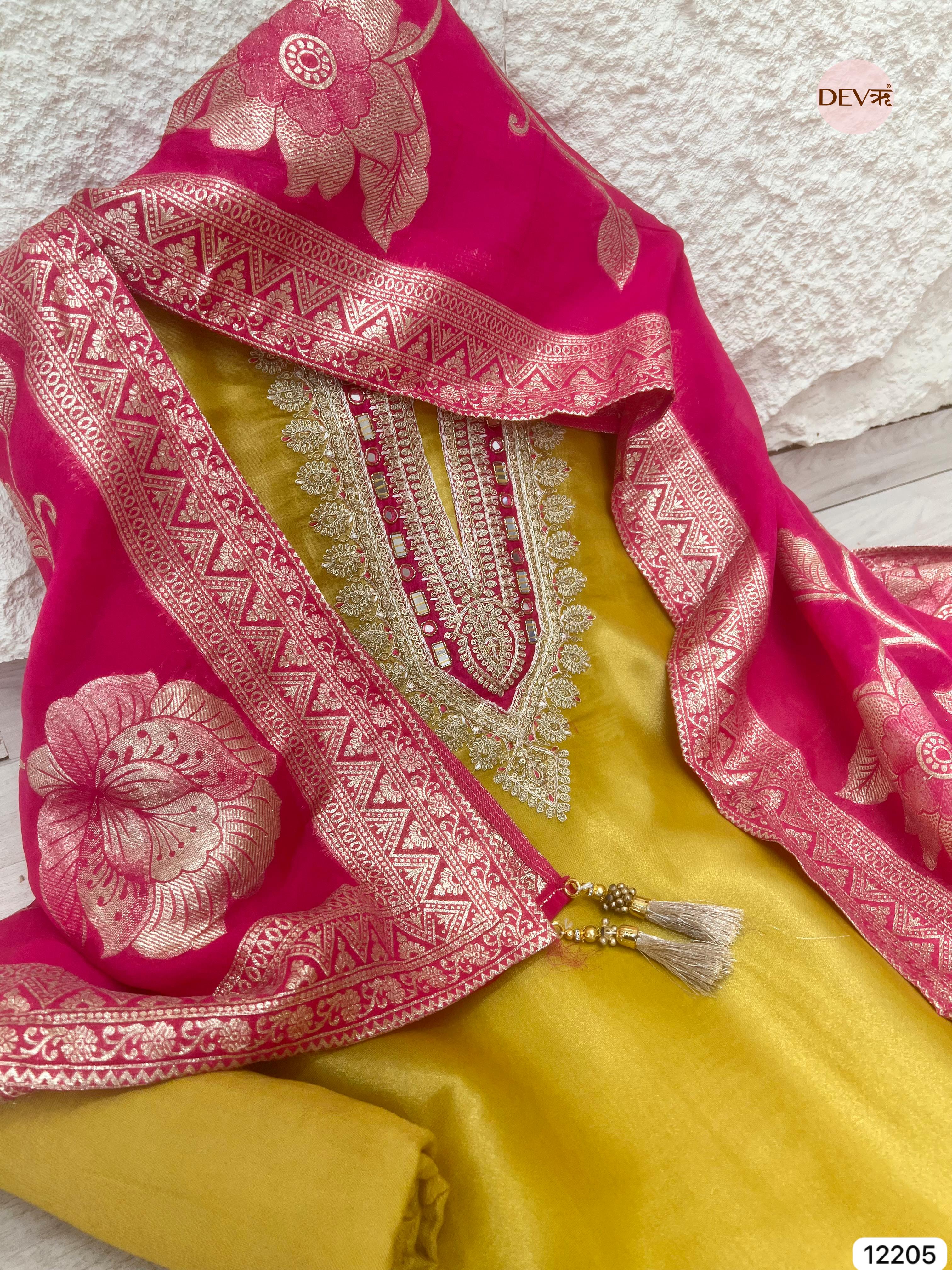 Yellow Shimmer Silk Embroidered Unstitched 3-Piece Suit (Devri – D.No 12205)