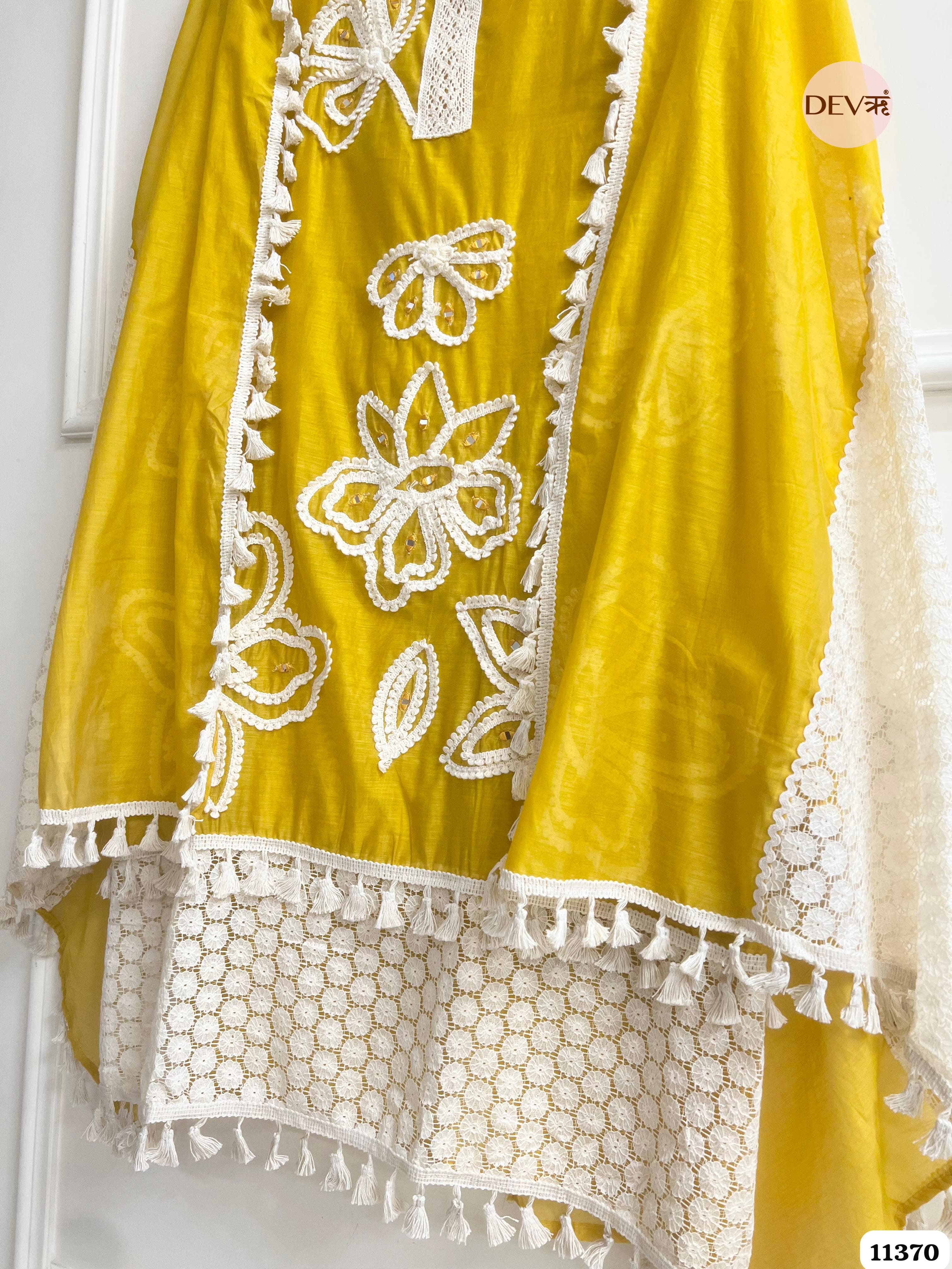 Yellow Mul Chanderi Unstitched Embroidered -Set Of 3 {11370}