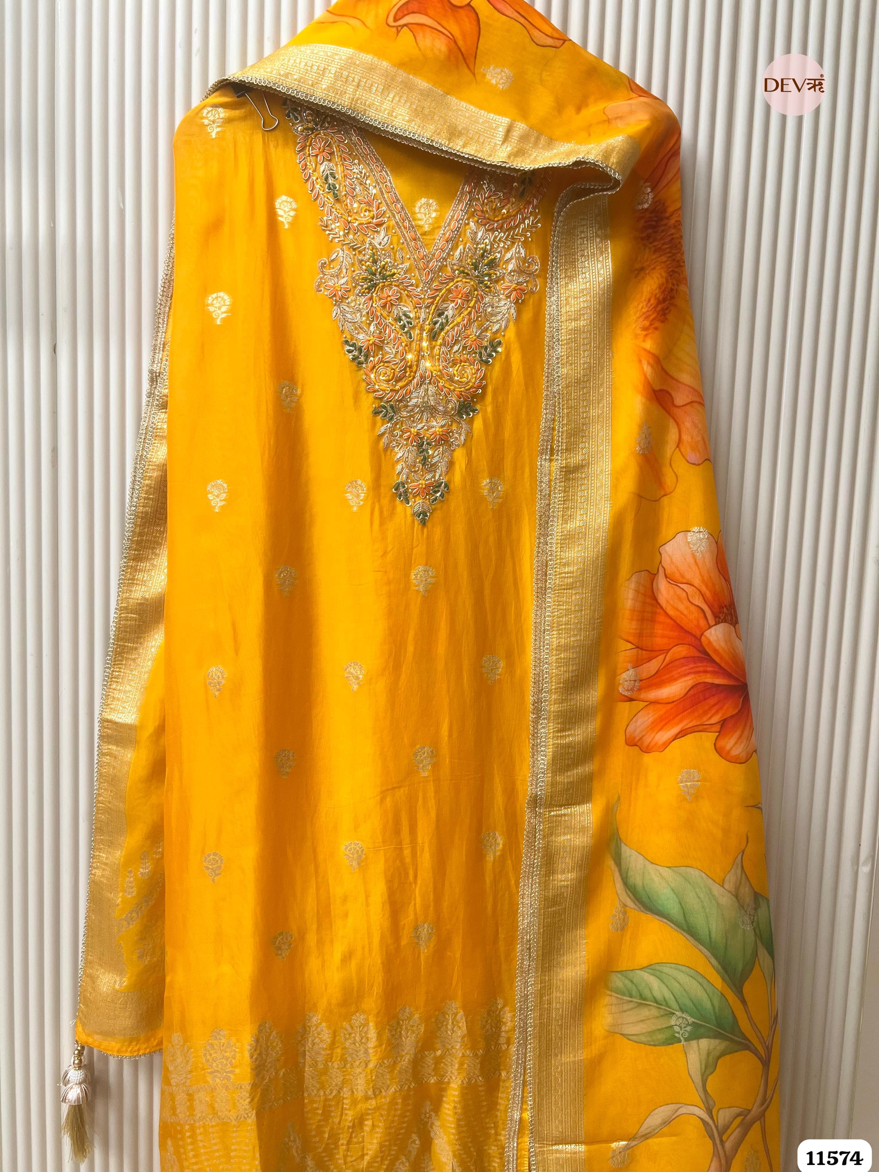 Yellow Pure Organza Silk Unstitched Banarasi Woven Hand Embroidered -Set Of 3 {11574}