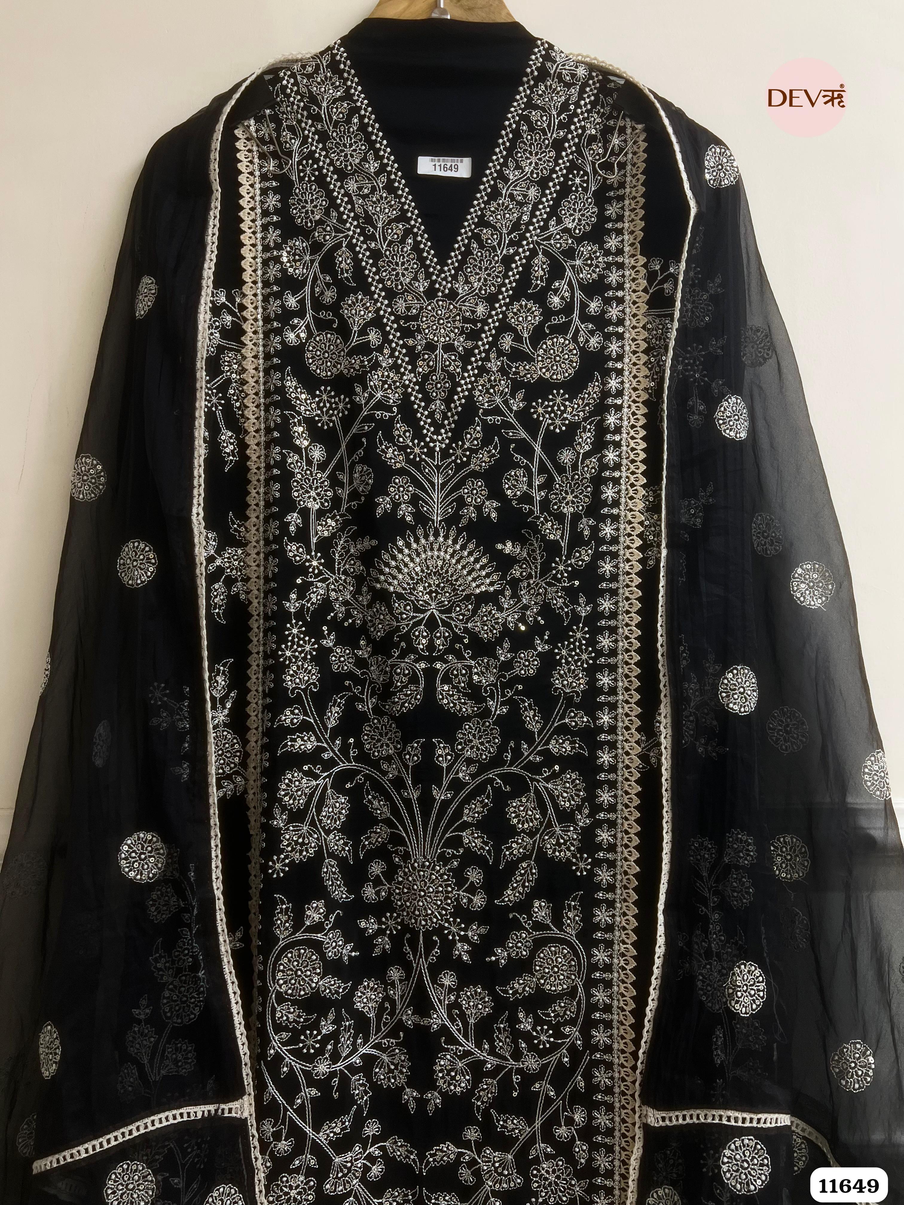 Black Pure Organza Unstitched Embroidered -Set Of 3 {11649}