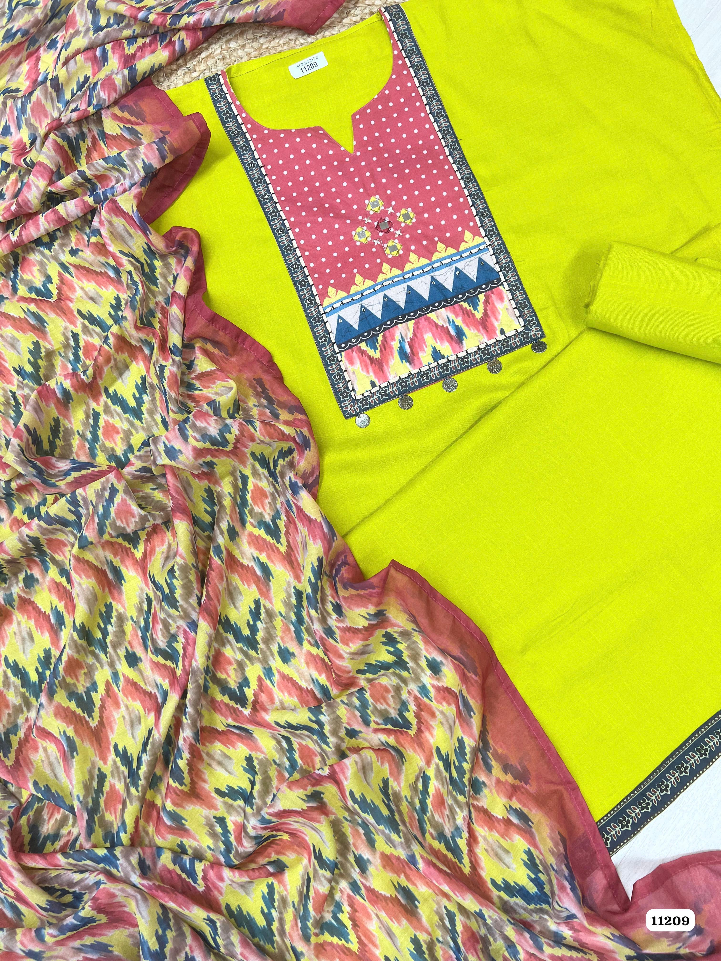 Green Cotton Slub Unstitched Printed -Set Of 3 {11209}