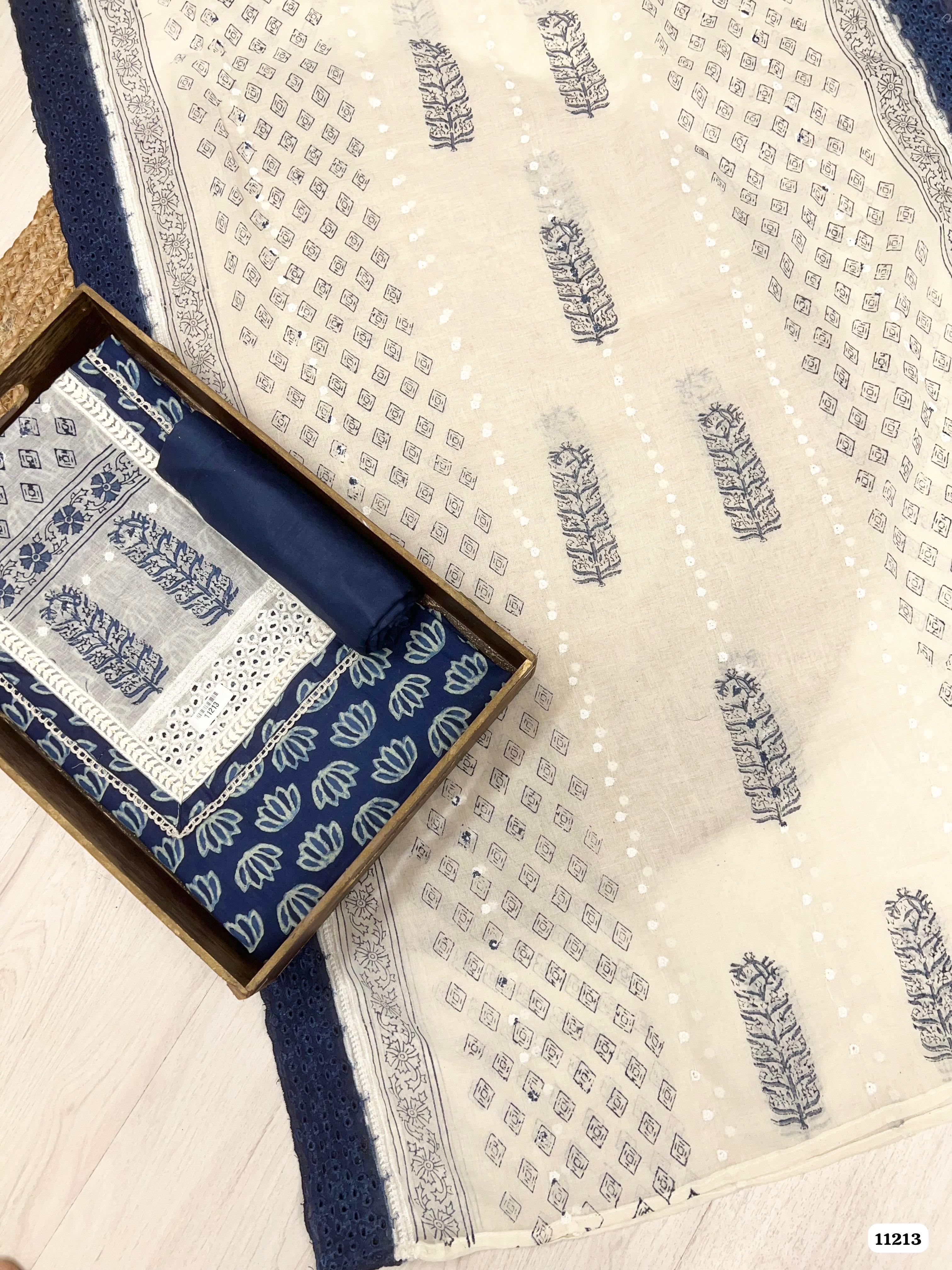 Blue Cotton Unstitched Block Printed -Set Of 3
