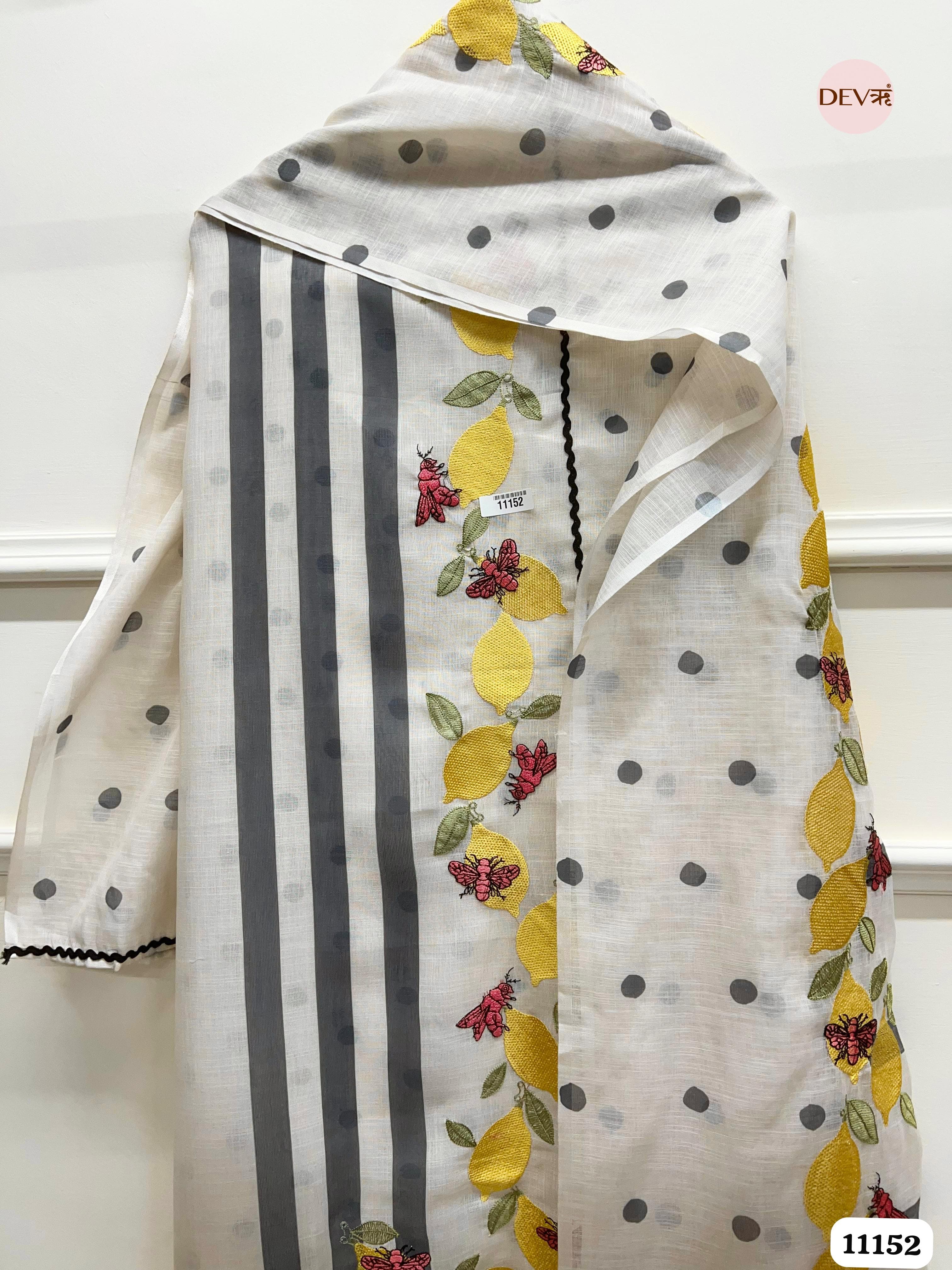 White Linen Unstitched Printed Embroidered -Set Of 3 {11152}