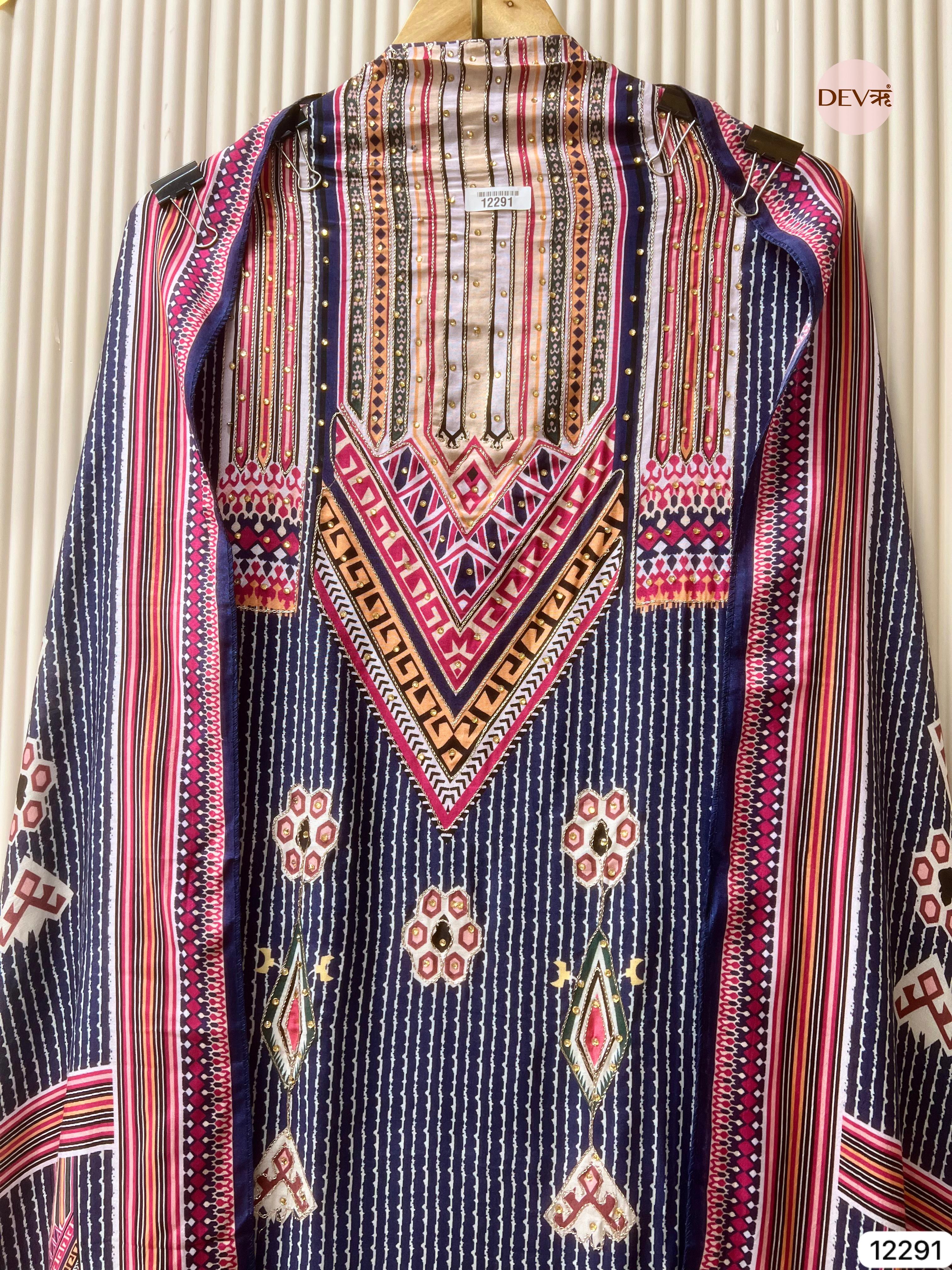 Navy Printed Muslin Unstitched 3-Piece Suit (Devri – D.No 12291)