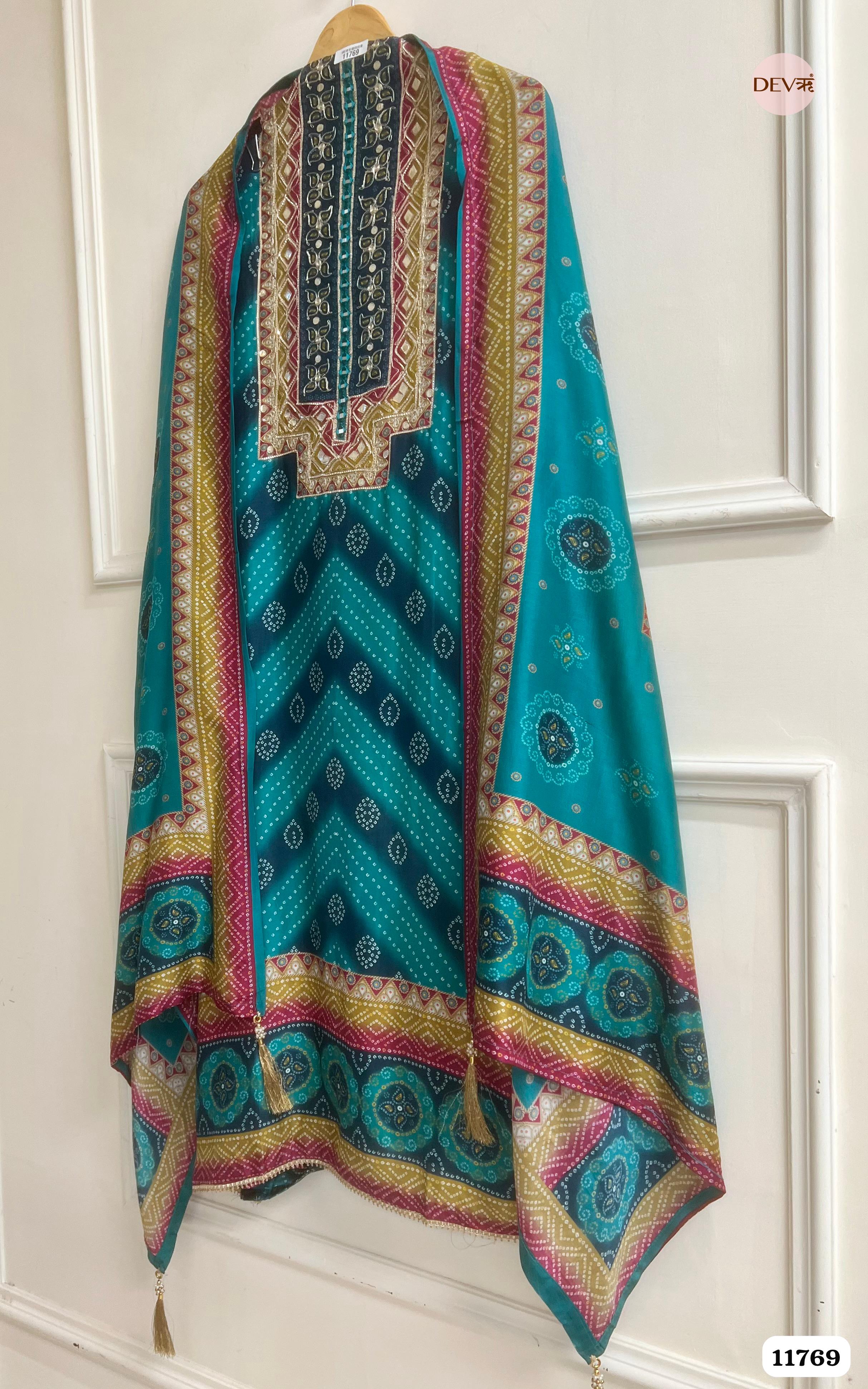 Blue Green Russian Silk Printed Unstitched Hand Embroidered -Set Of 3 {11769}
