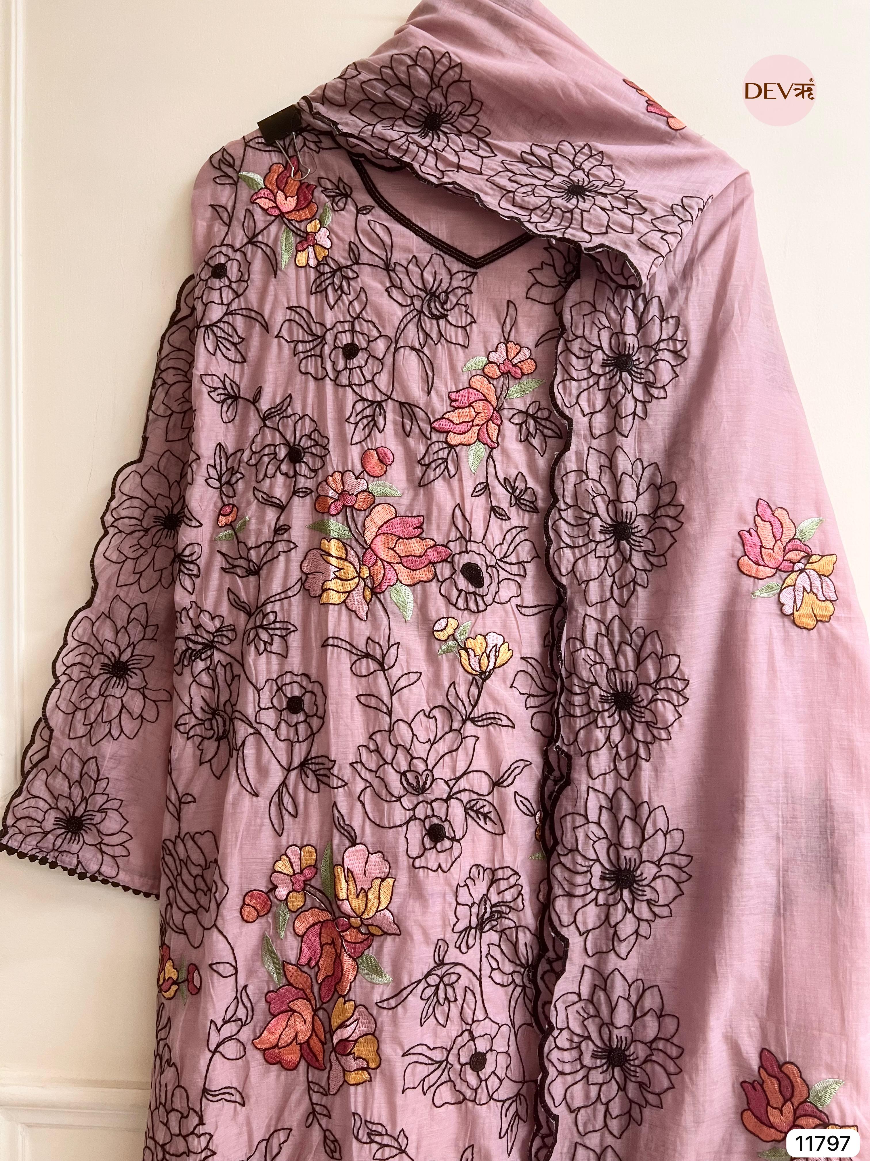 Purple Mul Chanderi Embroidered Unstitched -Set Of 3- {11797}