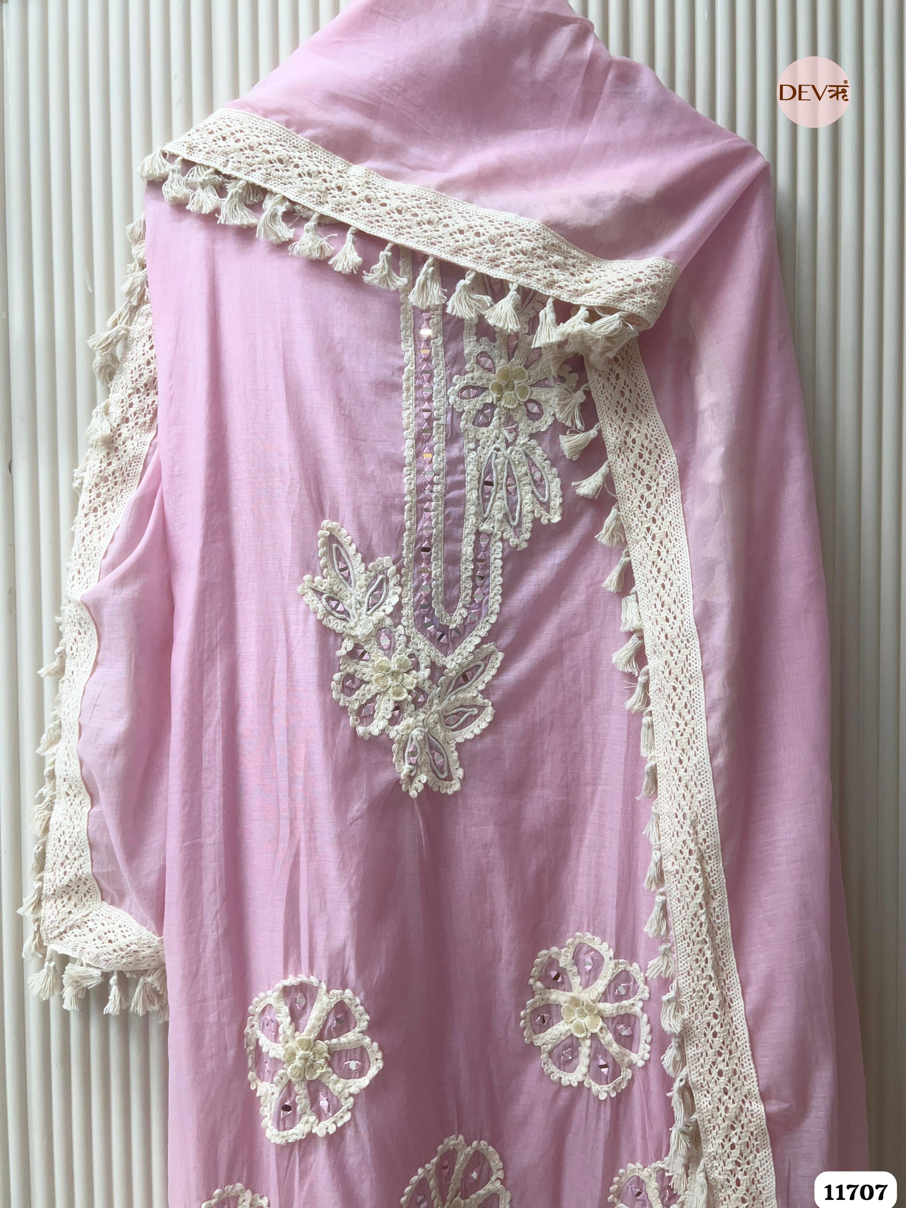 Pink Mul Chanderi Unstitched Hand Embroidered -Set Of 3 {11707}